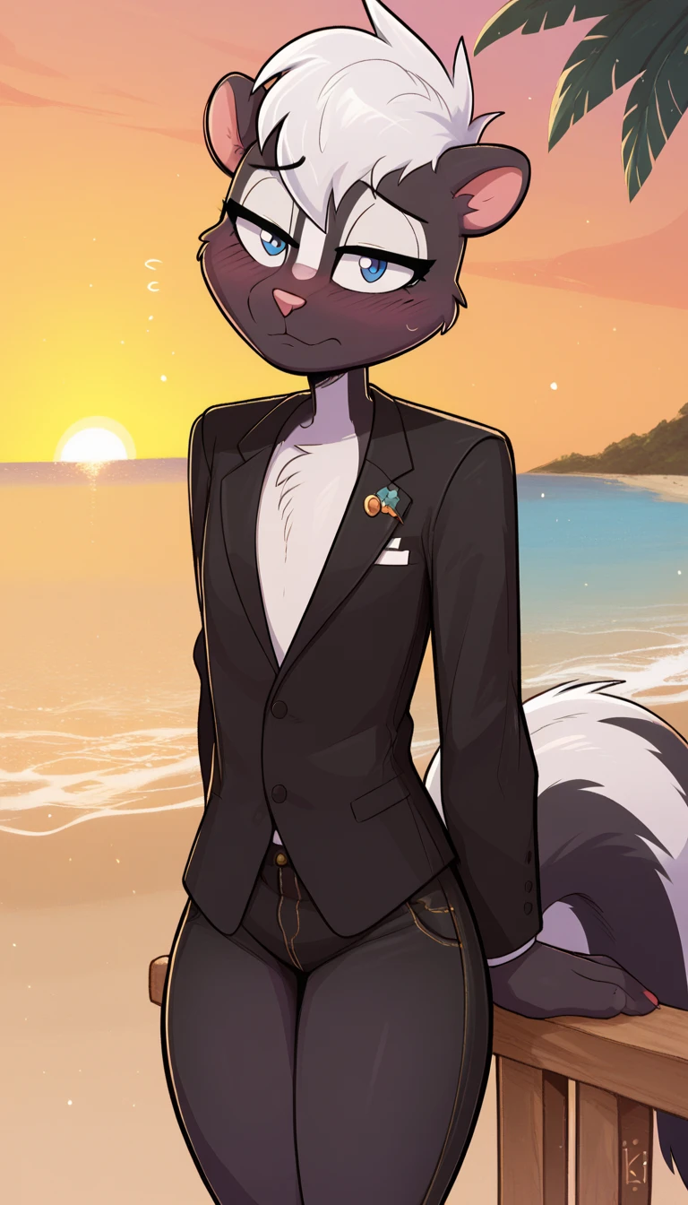 masterpiece, best quality, nervous expression, male, anthro, furry, black fur, fluffy fur, French skunk boy, furry, skunk ears, animal nose, cute eyes, blue eyes, skunk tail, white hair, short hair, (white hair), solo, (beach), sunset, detailed, French black tuxedo suit with black tuxedo jeans, shy, head tilt, adult (19 years), flat chest, thick thighs, half-closed eyes, blush, looking at the viewer, standing, (kilinah), light particles, score_9, score_8_up, score_7_up, score_6_up, score_5_up, score_4_up