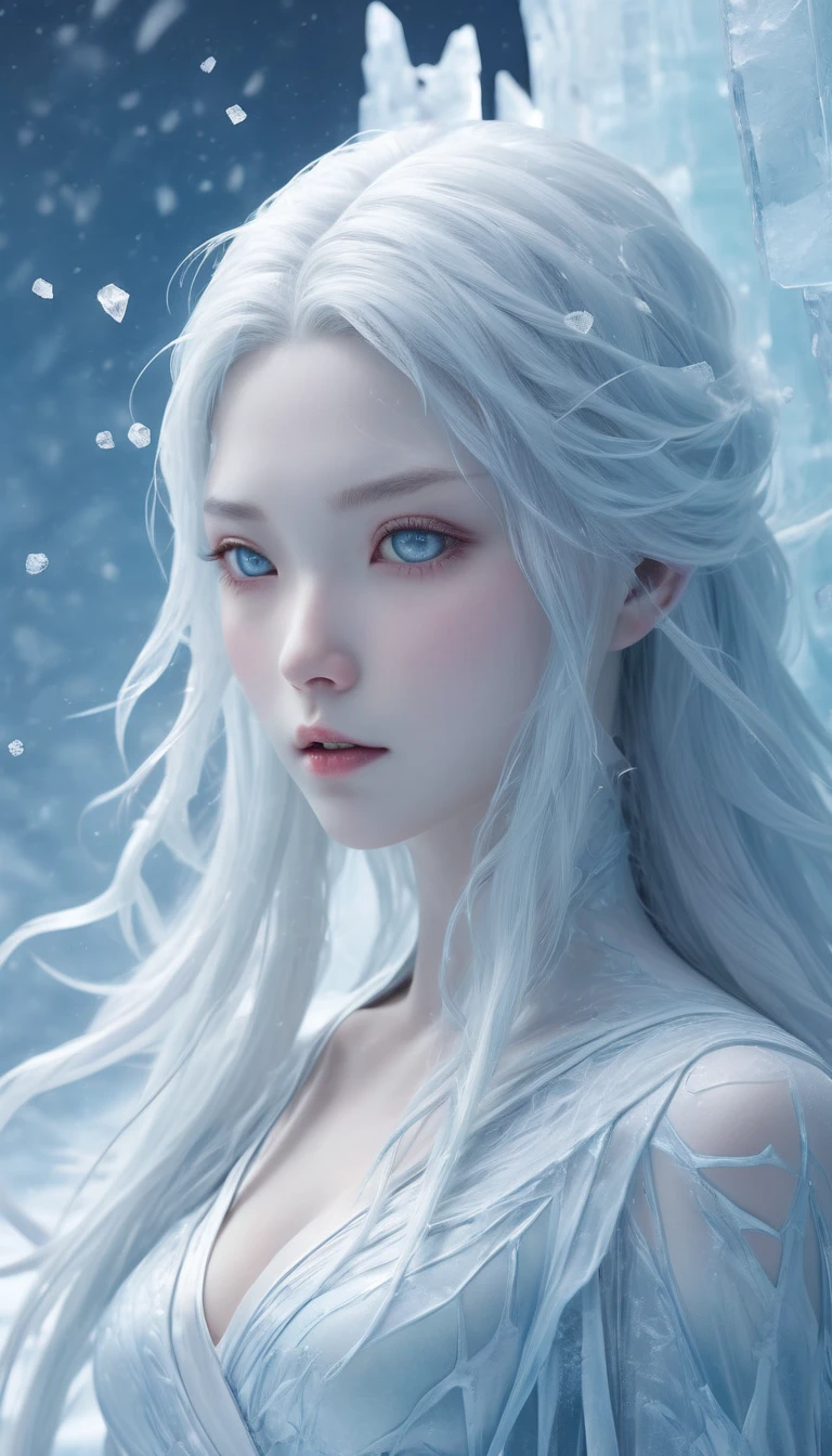 (((  surrenders ))) photograph,( super detailed face),((light)),A hyper-realistic and hauntingly beautiful depiction of a very young Yuki-onna, appearing as a 5 or  girl, encased within a massive, translucent block of glacial ice. Her porcelain-white skin and delicate features are perfectly preserved within the icy prison, glowing softly against the icy blue and white hues of her surroundings. Her short, snow-white hair appears frozen in mid-flow, as if captured by a sudden gust of wind, while tiny frost crystals cling to her locks. Her wide, icy blue eyes are open, staring out with an expression of serene stillness, tinged with an unsettling chill. She wears a flowing, translucent robe that seems to merge with the frost inside the ice, its intricate, frost-like patterns frozen in time. Snowflakes and shards of ice float in suspension within the block, shimmering faintly in the pale light of the frozen sun. Towering ice mountains form a stark backdrop, their jagged peaks reflecting the cold glow of the Antarctic landscape, amplifying the ethereal and haunting beauty of the scene