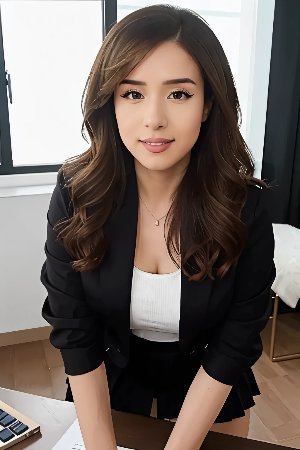  masterpiece ,  better quality , Poki _ Mane woman ,  wearing a school uniform, sexy,  leaning on a desk ,  extremely detailed ,  intricate detail,  Fine details,  careful detail ,  close up portrait ,  masterpiece ,  better quality ,  full coat  