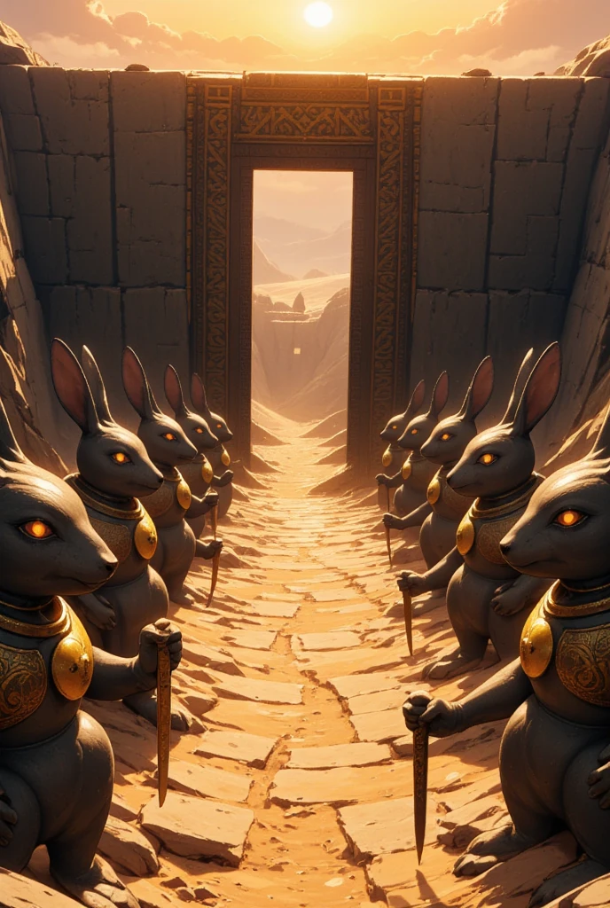 A mysterious desert ruin atop a windswept plateau, featuring a massive temple entrance carved into a rocky cliff. Surrounding the site are colossal stone statues of anthropomorphic rabbits, their intricate details showcasing long ears adorned with ancient carvings and eyes inlaid with faintly glowing gemstones. The statues stand in dignified poses, some holding ceremonial staffs while others clasp ornate shields, symbolizing a forgotten guardian deity. The setting sun casts a dramatic orange glow over the scene, with shadows stretching across the sand-dusted stone paths and the temple's weathered facade. Subtle traces of gold leaf on the statues glimmer faintly, hinting at the grandeur of an ancient civilization. Scattered relics, such as a partially buried urn and a golden amulet engraved with rabbit motifs, amplify the sense of discovery and wonder.