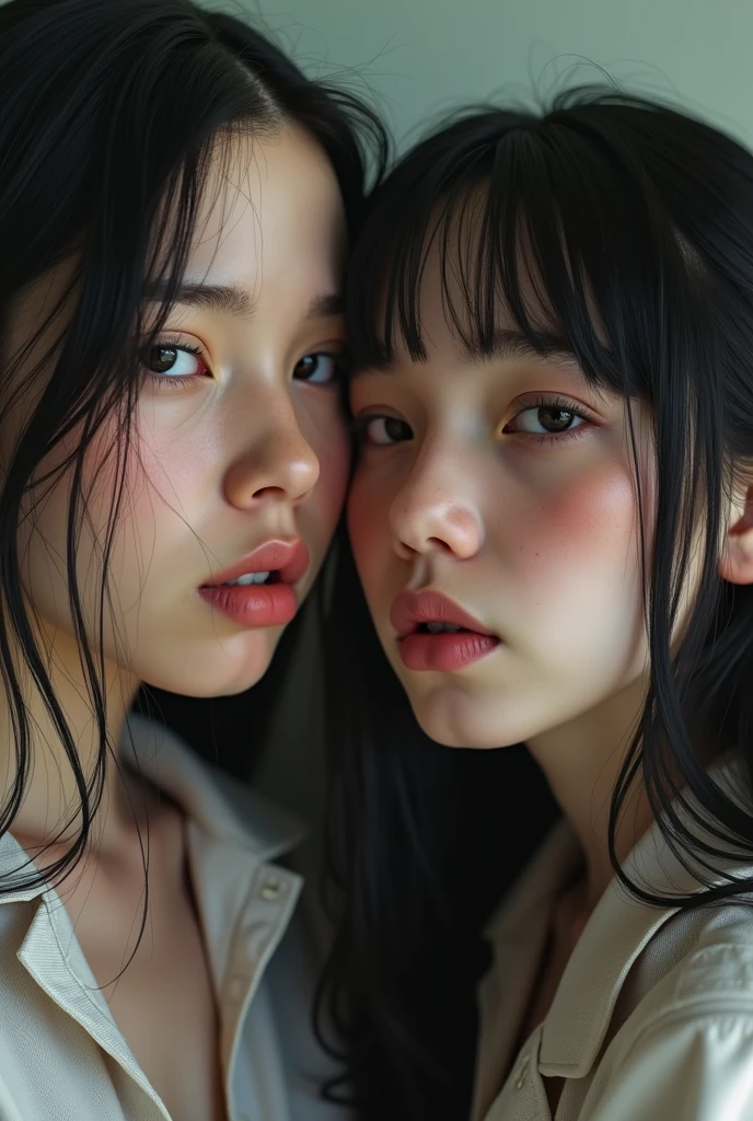 (detailed face, detailed eyes, clear skin, clear eyes), photography, photorealistic, detailed skin, 8k, highly detailed, depth of field, blurry, indoors, lips, cheek-to-cheek, (freckles:0.8), 2girls, multiple girls, looking at viewer, depth of field, blurry background, heads together, parted lips, (dirty Acne on forehead:1.2), (long sleeves:1.1),