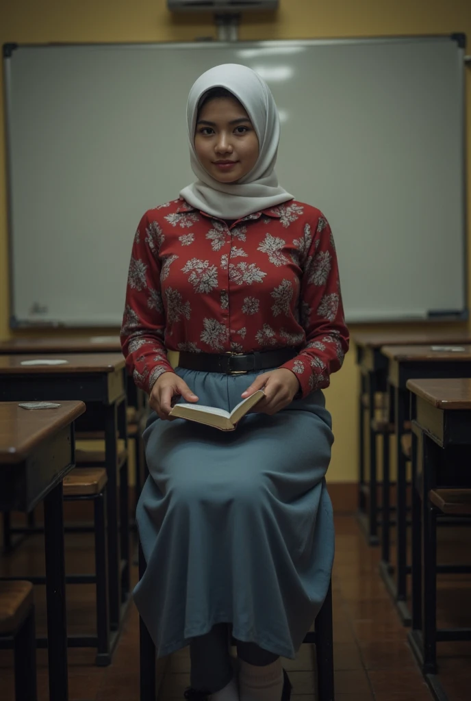  a beautiful young Indonesian woman  ((big boobs 2 .3)) sit on a chair. read a book )). ((Wearing Islamic hijab covering the neck color white )) ((shirt pocket on the left breast )). (( Indonesian high school uniform buttoned shirt red floral stripe pattern)).  Skirt up to calf color blue to ash)) (( wears black school belt )). ((feet wearing black shoes.)) socks white to calf )). ((  inside a school classroom  )).  Large and wide whiteboard background hanging on the classroom wall. full body. ((look down)) Looking at the book . (( Rough colored Cctv footage . Warm light .  Low light.))