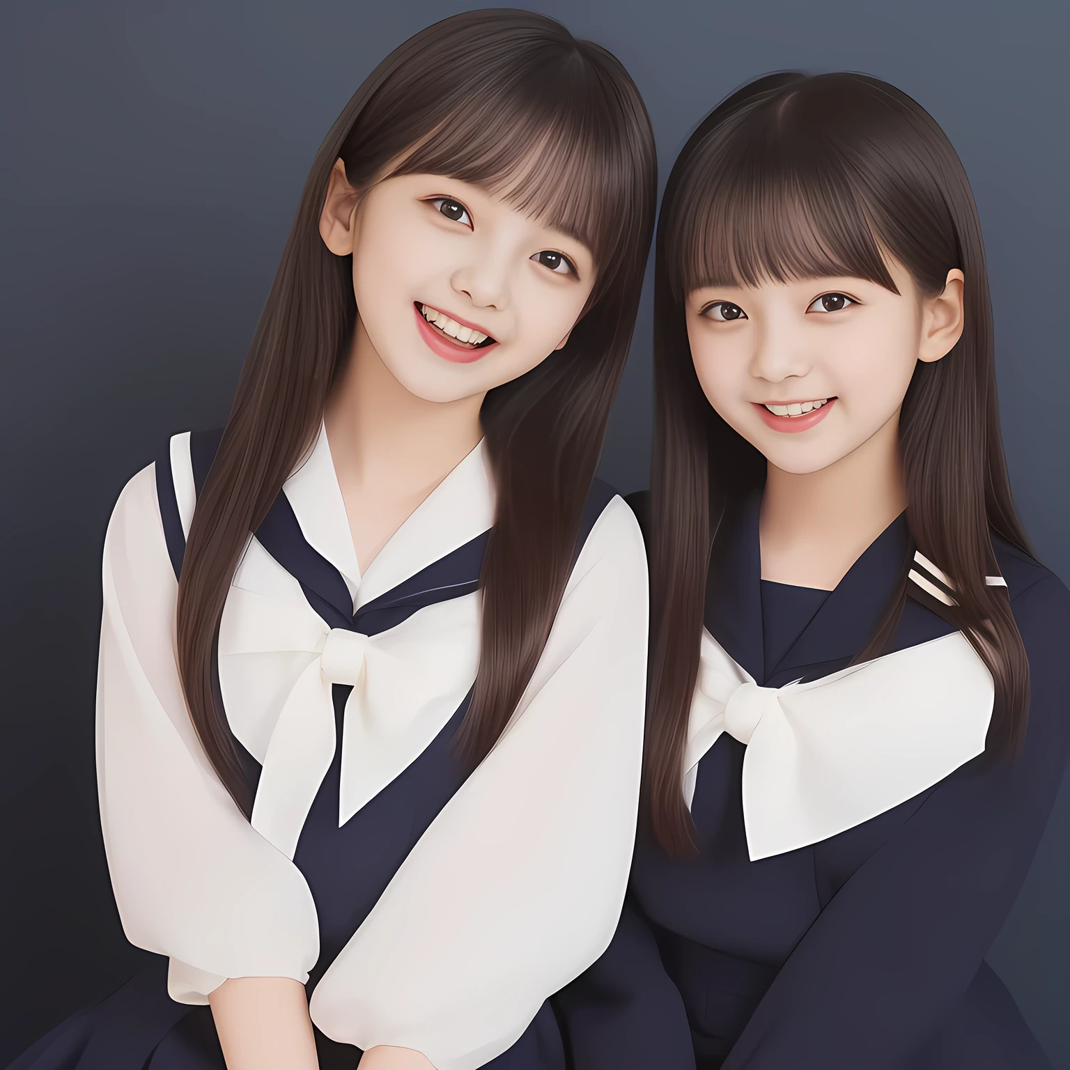 (Highest quality, masterpiece:1.2), Highest quality, High resolution, 1080P, 8k, (Two yo Japanese 美少女アイドル are seated and give strong subliminal sexual invitation and temptation, undressing navy uniform, cute skirt with beautiful knees, looking at the viewer, can't stop showing cute smile open mouth because of feeling the viewer too ridiculous, very white-white face, very proud of her long straight black hair, using face-whitening cosmetics, 13yo 美少女's eyes, Small pupils, opened laughing giggling most open mouth, too expensive navy sailor-styled school uniform, well-straitened super-long well-trimmed long hair, evenly neatly trimmed girly cute bangs: 1.5), (Laughing blushed cheeks with dimples), (Well-balanced, impressive, very intelligent, double-eyelids, black shining large eyes of 14yo 美少女 with detailed: 1.5), ((Beautiful well-figured glossy opened laughing lips: 1.2)), (mature breast), (The viewer can't stop madly kissing them because of her beauty and subliminal strong invitation), (Very beautiful, super-glossy, cute neat black amazingly long hair, straight well-done long hair-style: 1.3), (plain blue background: 1.6), (((Completely balanced beautiful big cool eyes, looking coldly at me!: 1.3))), (eyes, face and hair are especially beautifully detailed and beautifully drawn: 1.5), (The soft white light clearly shows her face extremely white: 1.2), (the viewer become crazy and can't stop bursting and running every liquid to 美少女, Beautiful girl is surprised : 1.7), (School uniform, too-cute slender 13歳 super-long-hair Japanese 美少女 idol twins are laughing at me and covering viewer, super-widely open laughing mouth, everything is girly, neat and too beautiful: 1.6), (Super long hair super-beautiful １３ year-old beautiful girl super-cute face navy-sailor-suit school-uniform pretty slender young idol of beautiful girl photo magazine in the 1990s: 2.0), (Inevitable subliminal invitation and temptation to the eternal deep deep unreal pleasure of girl's voice of laughter and ridicule: 2.0)