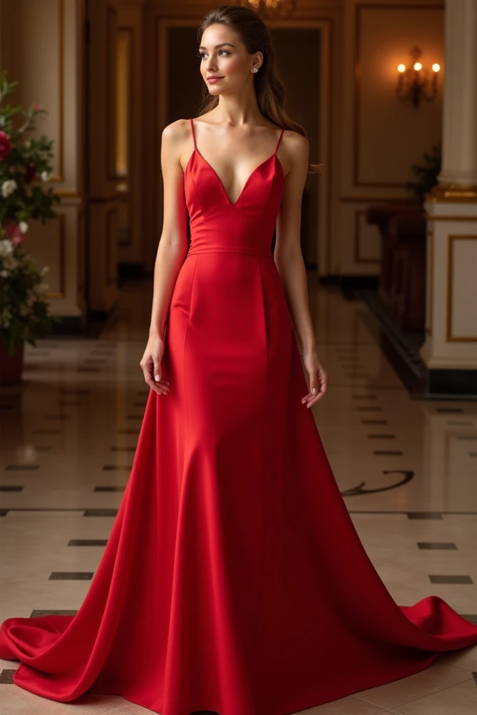 Red carpet, model wearing a red flpwy dress made my luis Vuitton, she has slick back hair, beautiful feautres, striking body, prominent freckles, wavy hair, loves flowers, has a pretty smile, has everyones eyes on her, knows shes beatiful, has a euphoric aura