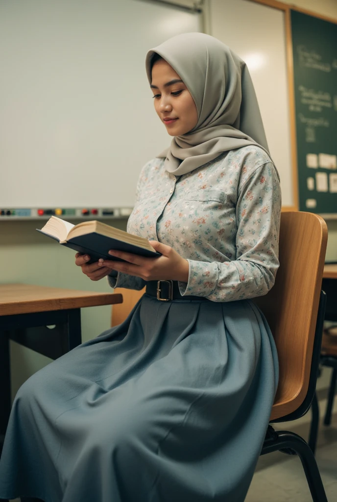  a beautiful young Indonesian woman  ((big boobs 2 .3)) sit on a chair. read a book )). ((Wearing Islamic hijab covering the neck color white )) ((shirt pocket on the left breast )). (( buttoned shirt Indonesian high school uniform floral stripe pattern red color)).  Skirt up to calf color blue to ash)) (( wears black school belt )). ((feet wearing black shoes.)) socks white to calf )). ((  inside a school classroom  )).  Large and wide whiteboard background hanging on the classroom wall. full body. ((look down)) Looking at the book . (( Rough colored Cctv footage . Warm light .  Low light.))