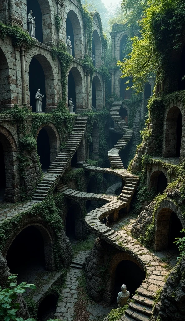 a city with interconnecting stairs in the style of mc escher stairs labyrinth. a lot of stairs are built in an impossible manner. the environment is dark with little light. it is an old ruins buried underground, with plants start to envelop the architecture. deteriorations can be seen on the structure. top down perspective view, seeing a wide angle of the location. there are multiple statues in the ruins.