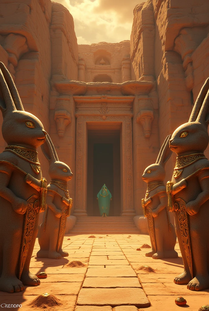 A mysterious desert ruin atop a windswept plateau, featuring a massive temple entrance carved into a rocky cliff. Surrounding the site are colossal stone statues of anthropomorphic rabbits, their intricate details showcasing long ears adorned with ancient carvings and eyes inlaid with faintly glowing gemstones. The statues stand in dignified poses, some holding ceremonial staffs while others clasp ornate shields, symbolizing a forgotten guardian deity. The setting sun casts a dramatic orange glow over the scene, with shadows stretching across the sand-dusted stone paths and the temple's weathered facade. Subtle traces of gold leaf on the statues glimmer faintly, hinting at the grandeur of an ancient civilization. Scattered relics, such as a partially buried urn and a golden amulet engraved with rabbit motifs, amplify the sense of discovery and wonder.