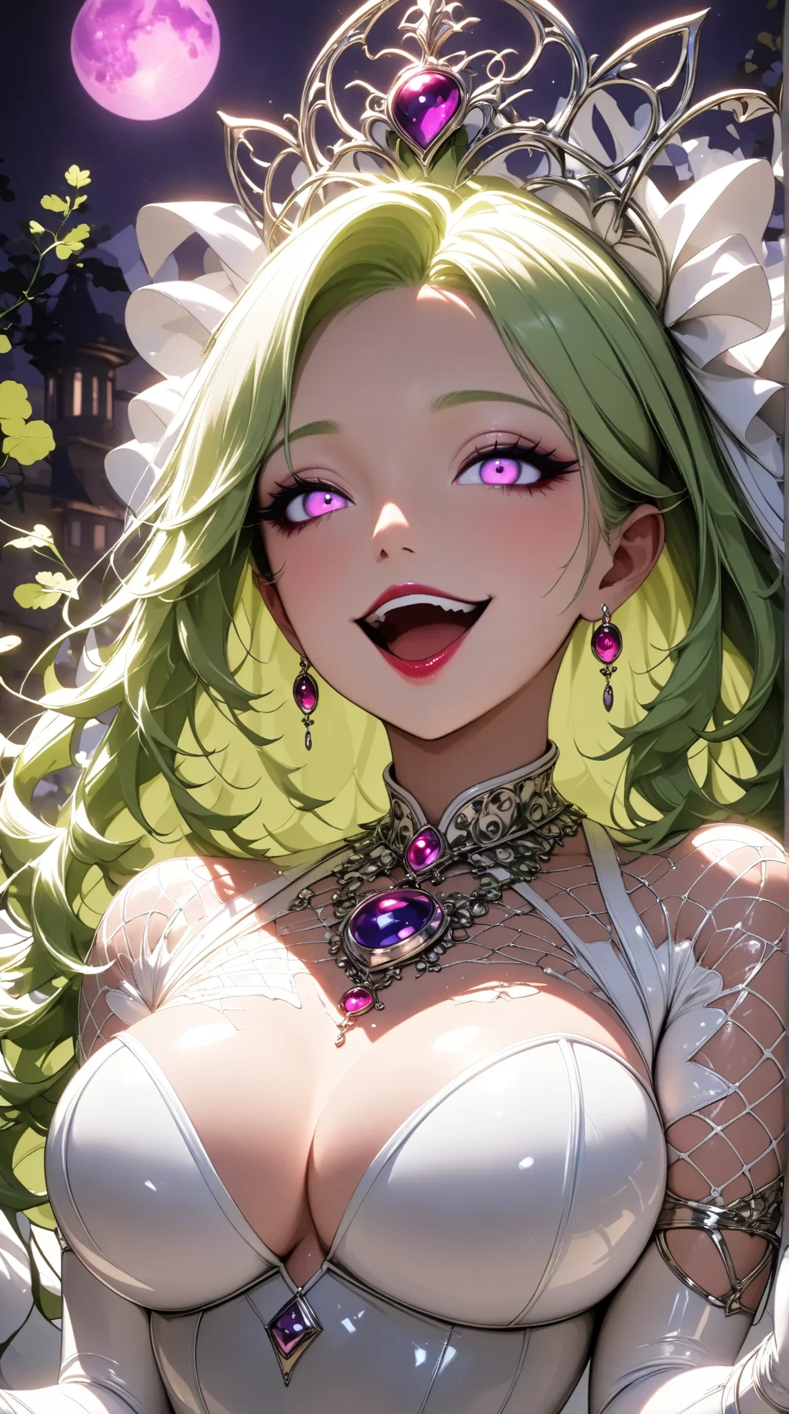  with a radish motif,( best quality, very detailed depiction, Incredibly Absurd High Resolution,Curvaceous Body),(Bewitching Queen ),(1 woman in a shiny white latex dress ,Body net suit,White lace gloves, luxury accessories ,earrings,necklace, bracelet ,A mysteriously shining jewel, black tights, high heels, thigh-high boots),(green hair like radish leaves,Purple Eyes,Crazy Eyes, half closed eyes, has an open mouth, bewitching smile,Glossy lips,Beautiful legs,Figure with open legs , hands extended here), full body image :1.3,Dim atmosphere,Lamplight