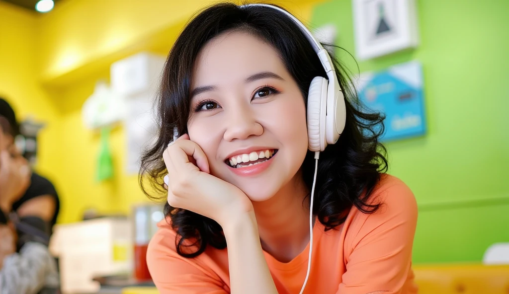 A high-quality, detailed pop art portrait of a charming Korean woman wearing stylish headphones. Her youthful features radiate sweetness and vibrancy, framed by bold, vibrant colors. The artwork blends intricate details with modern aesthetics, capturing the essence of contemporary fashion and technology in a playful, dynamic style. masterpiece, best quality, Photorealistic, ultra-high resolution, photographic light, detailed eyes, detailed lips,