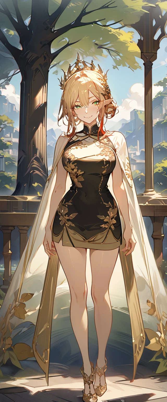 masterpiece, best quality, 8k ,4k , 1girl, elf queen, blond reddish hair, green eyes, big chest, gold wreath crown, hair ornament, finely detailed eyes and detailed face, looking at viewer, white sleeveless, Lace dress, patterned clothes, gold embroidery clothes, meticulous clothes, mature clothes, transparent cape with lace, majestic looks, smiling gently, small bird, full body, big tree background, inspired by Asukaziye artist : ask, art style : ask