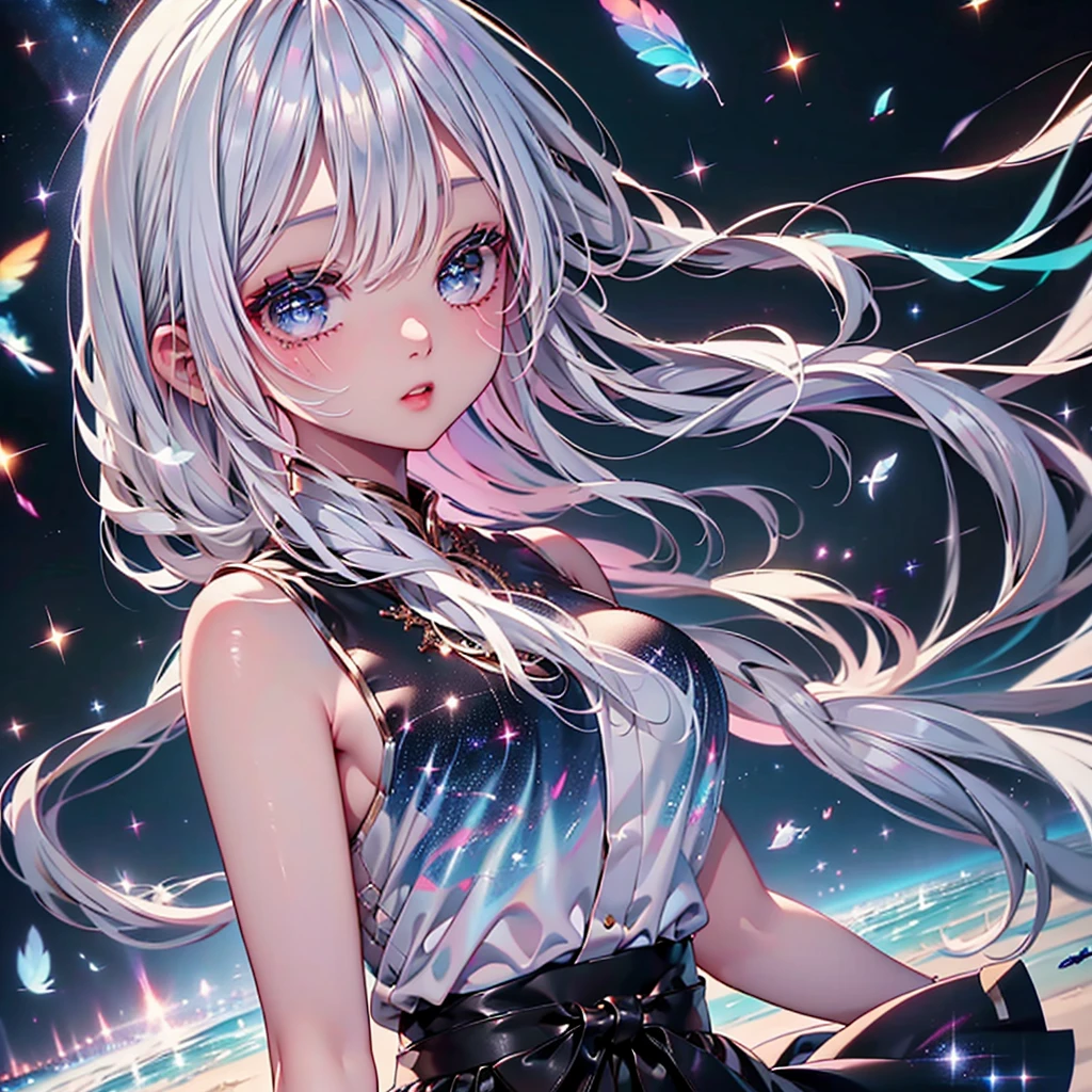 1girl,((( dynamic best composition 、 best quality、 greatest masterpiece、 super detailed、 high definition、HHD,32K, perfect anatomy )))、starの妖精、Goth kimono 、universe柄の洋服、 small, highly transparent feathers grow from the waist、Milky white long hair、universe、star、Milky Way、thick outline 、Looking at the audience、（ beautiful eyes、 long lashes）、