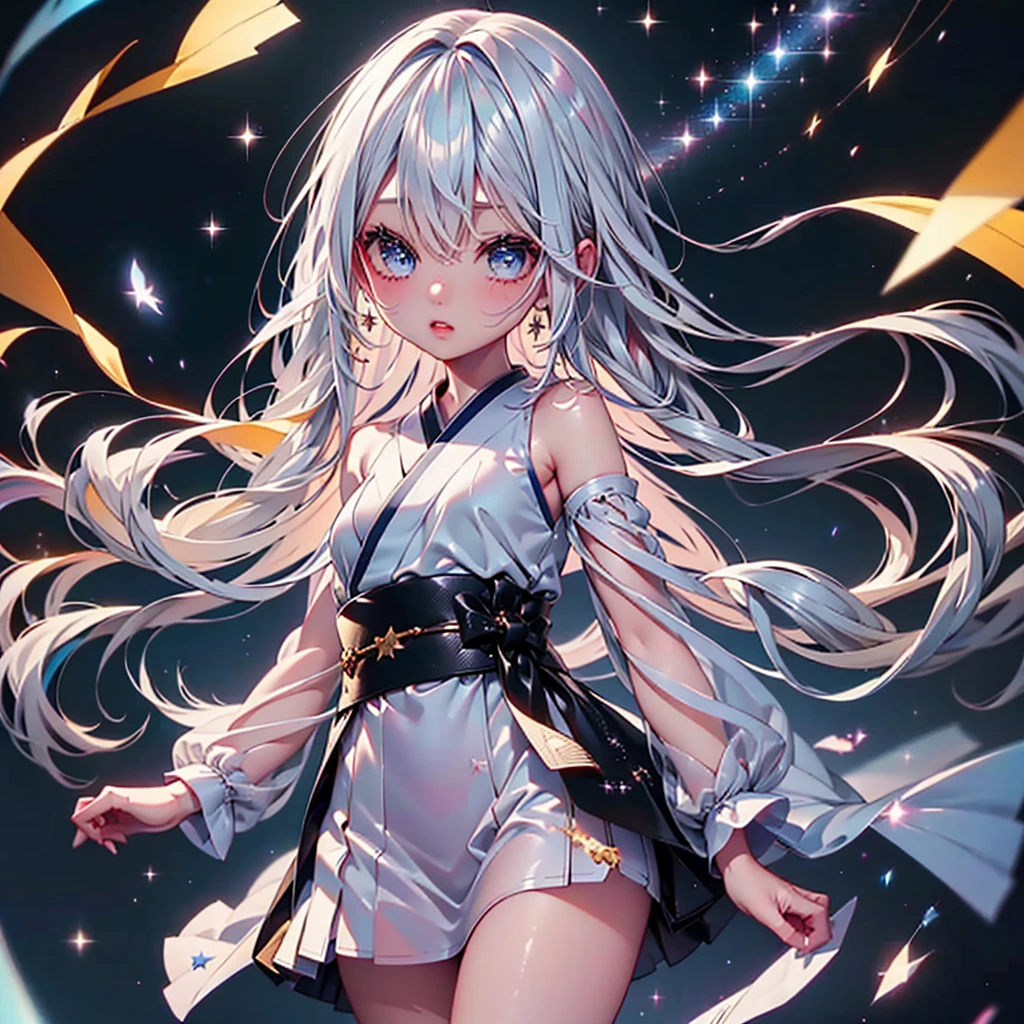 1girl,((( dynamic best composition 、 best quality、 greatest masterpiece、 super detailed、 high definition、HHD,32K, perfect anatomy )))、starの妖精、Goth kimono 、universe柄の洋服、 small, highly transparent feathers grow from the waist、Milky white long hair、universe、star、Milky Way、thick outline 、Looking at the audience、（ beautiful eyes、 long lashes）、