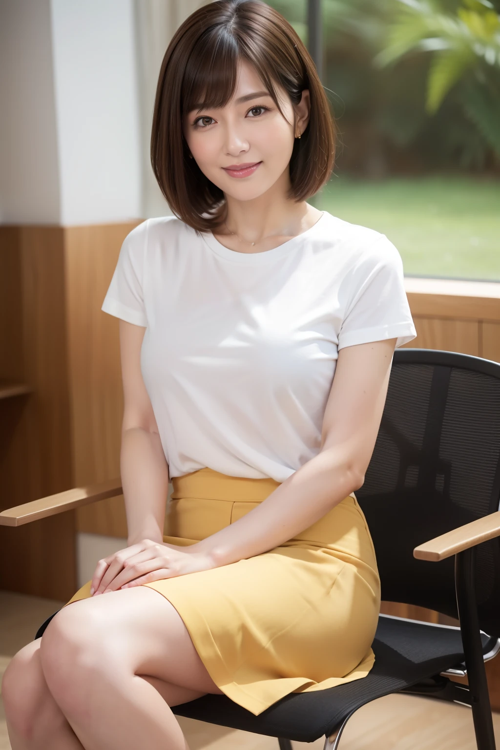 Highest quality、masterpiece、8K、Very detailed、Realistic、(50 years old)、(Wrinkles around the eyes:1.2)、(Wrinkles around the mouth:1.2)、(Looking at me with a mischievous smile)、whole body、(Big Breasts)、Thin and beautiful legs、Tight and slim waist、(A tight, sleeveless buttoned-up collared shirt:1.2)、(Short tight skirt:1.2)、Short Hair、(Erect nipples:1.3)、Sitting in a chair in the office