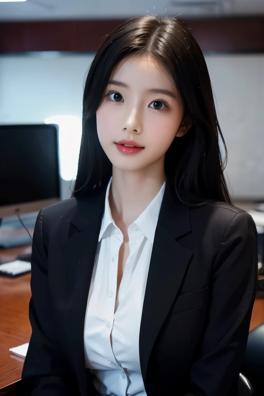 High-res, Realistic portrait of professional korean office lady with perfect skin，Professional suits，Women's suits，stand posture，The upper part of the body，Women in the workplace，Show confidence and maturity, Surrounded by a modern corporate environment, Vibrant and naturally lit highlights. The artwork should emphasize her elegant facial features, Including charming long eyes, Fluttering eyelashes and seductive lips. The scene should be enhanced with elements of professionalism and visual appeal，For example, Stylish work desk, Mainframe computers, High-resolution display, and complex stationery. The overall tone should be warm and professional, Has a soft and natural color palette. The artwork should exude a sense of professionalism, Success, and cultural pride，The background is blurred out