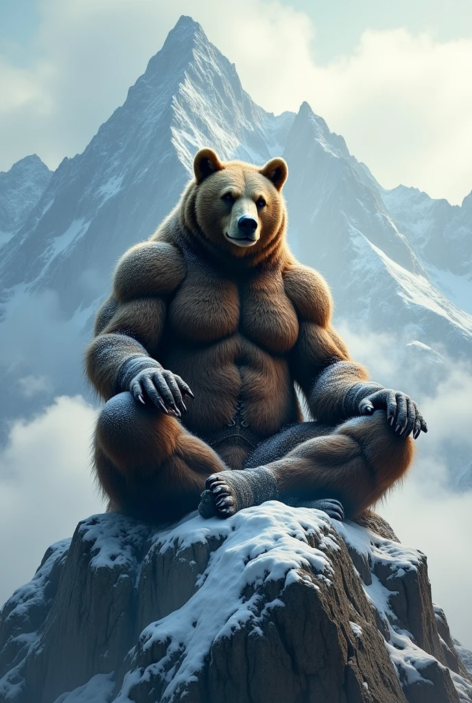 Muscular, sweaty, chubby anthropomorphic polar bear sitting on the floor, cross-legged, with one leg up, showing a detailed close-up of the foot in a wet white sport sock in the foreground. The polar bear has its arms raised, smiling, and looking relaxed. The scene focuses on the close-up details: armpits, sweaty wet white socks, wet fur, and drops of sweat. The setting is photorealistic, emphasizing masculinity and wilderness. The lighting is semi-darkness with soft light, highlighting the detailed fur and the texture of the sweat. The background and environment convey a sense of natural ruggedness, enhancing the overall mood of raw strength and relaxation.