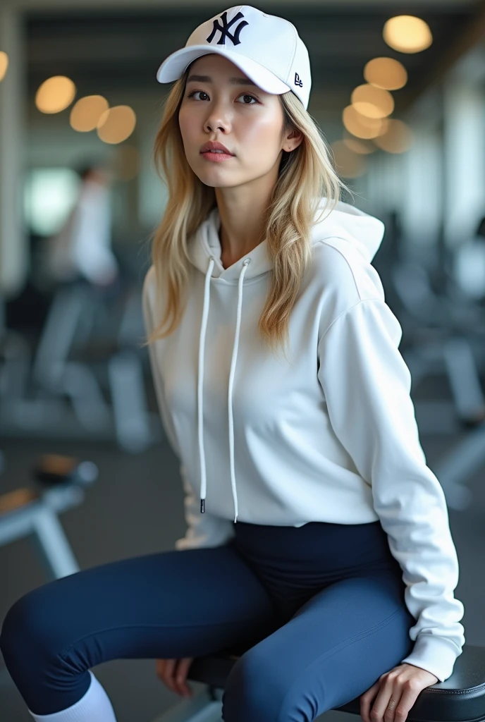 Malay girl 30 years old,in hijab wear  shirt and high waist leggings in gym, seating, wear back pack, front view, detail skin, detail skin texture, mole below eyes, small breast, big hip, big waist, big thigh, slim abs, beautiful body, evening, laughing, happy, bright lighting, blur background, bokeh.hyper realistic picture. super realistic picture. 8k hd photo