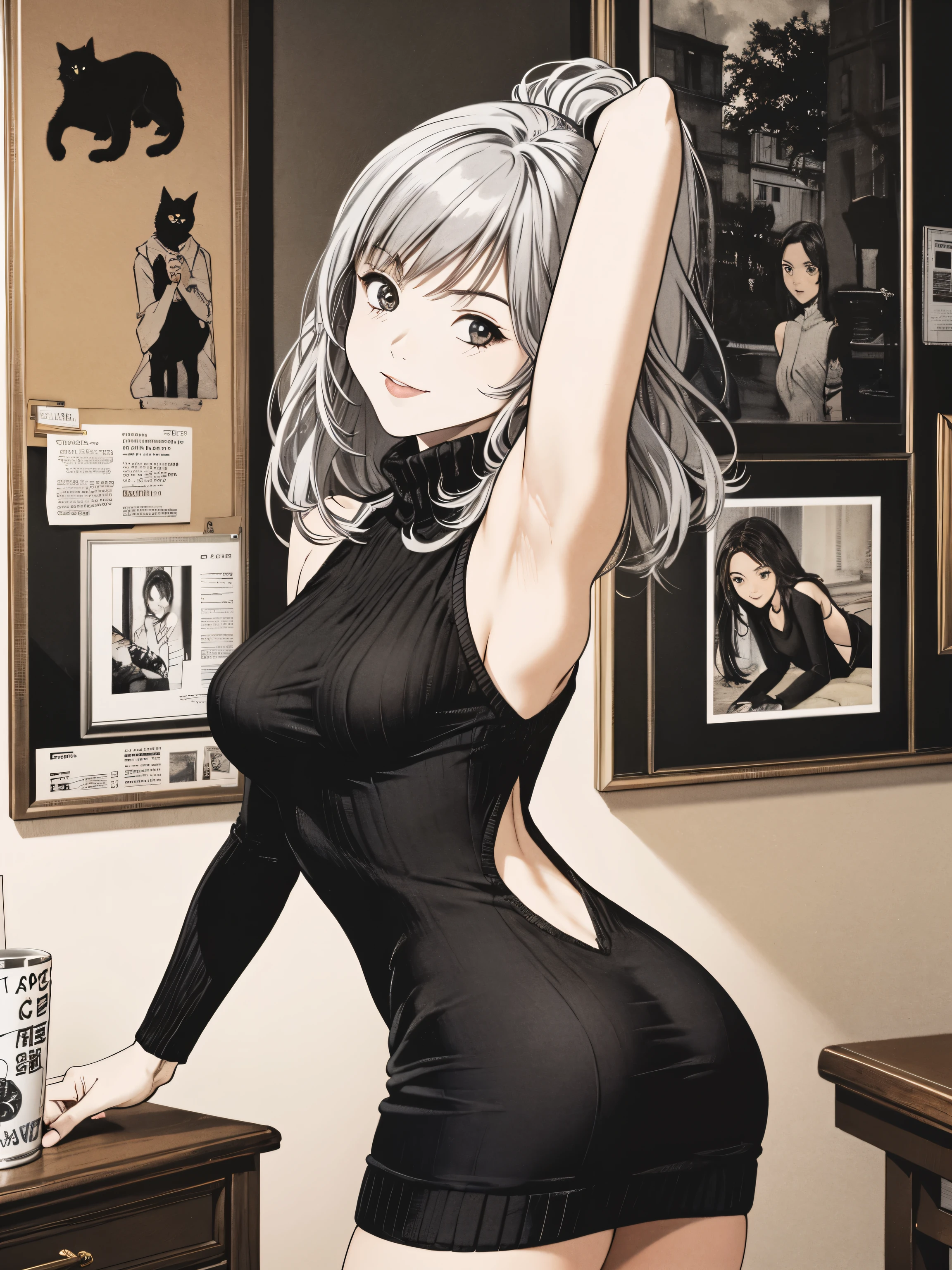   Masterpiece ,  high definition ,  best quality, Illustration,   super detailed ,  detailed face ,  DETAILS EYES ,  best quality,  super detailedな,( 1 girl,Silver Hair,),(grey turtleneck sweater dress,Backless, sleeveless),Lean forward, stretch your back to capture the natural beauty and personality of the ,A stylish museum ,Thief、Female Thief 、 sexy、Painting、Smile suspiciously、Black Cat、
