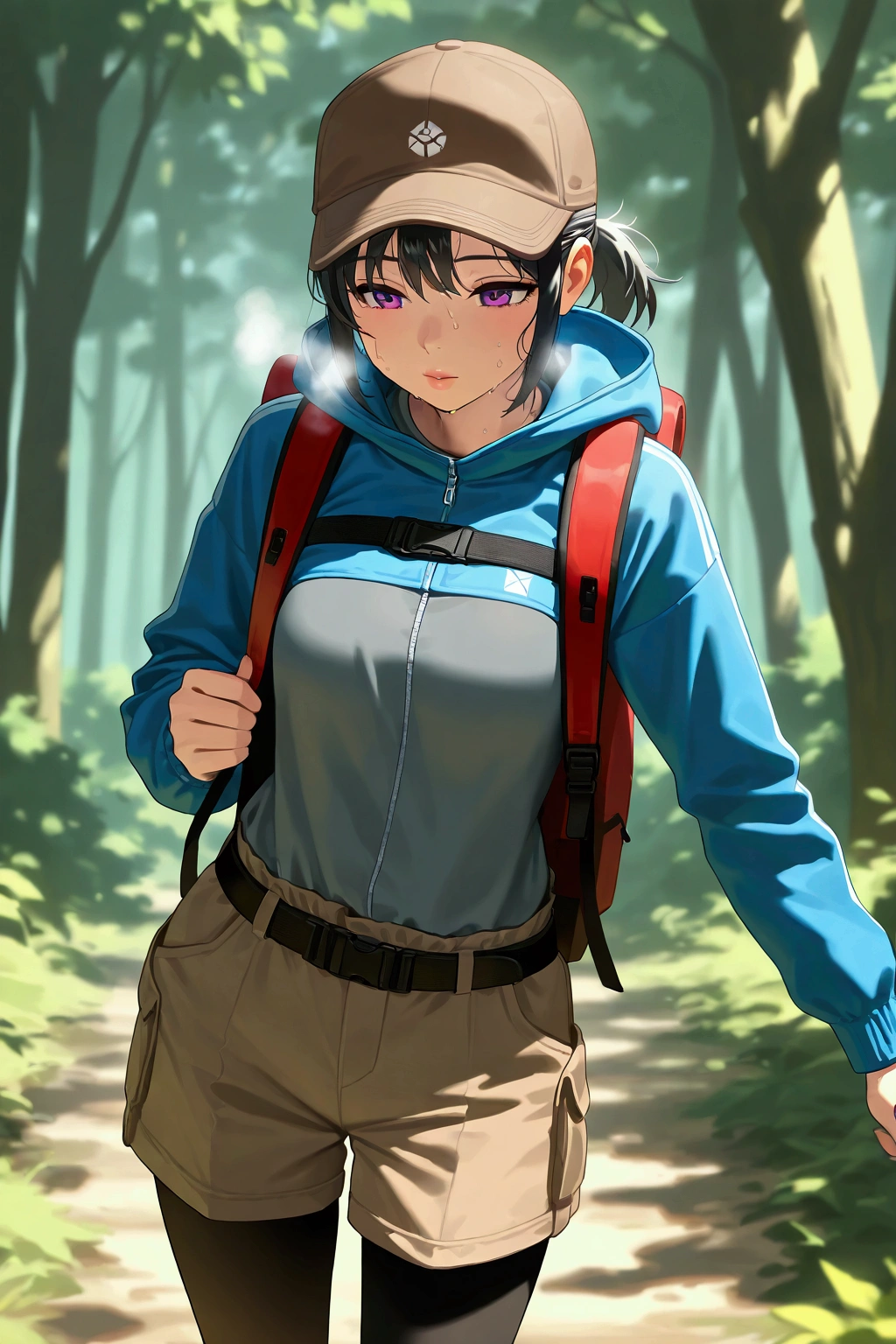 1girl, general, solo, black hair, short hair, ponytail, purple eyes, lips, blue windbreaker, hood, long sleeves, gray shirt, layred clothes, brown shorts, black pantyhose, trekking cap, brown cap, red trekking backpack, chest belt, waist belt, sweat, breath, trekking, summer, dappled sunlight, forest, trees, masterpiece, best quality, amazing quality, very aesthetic, absurdres