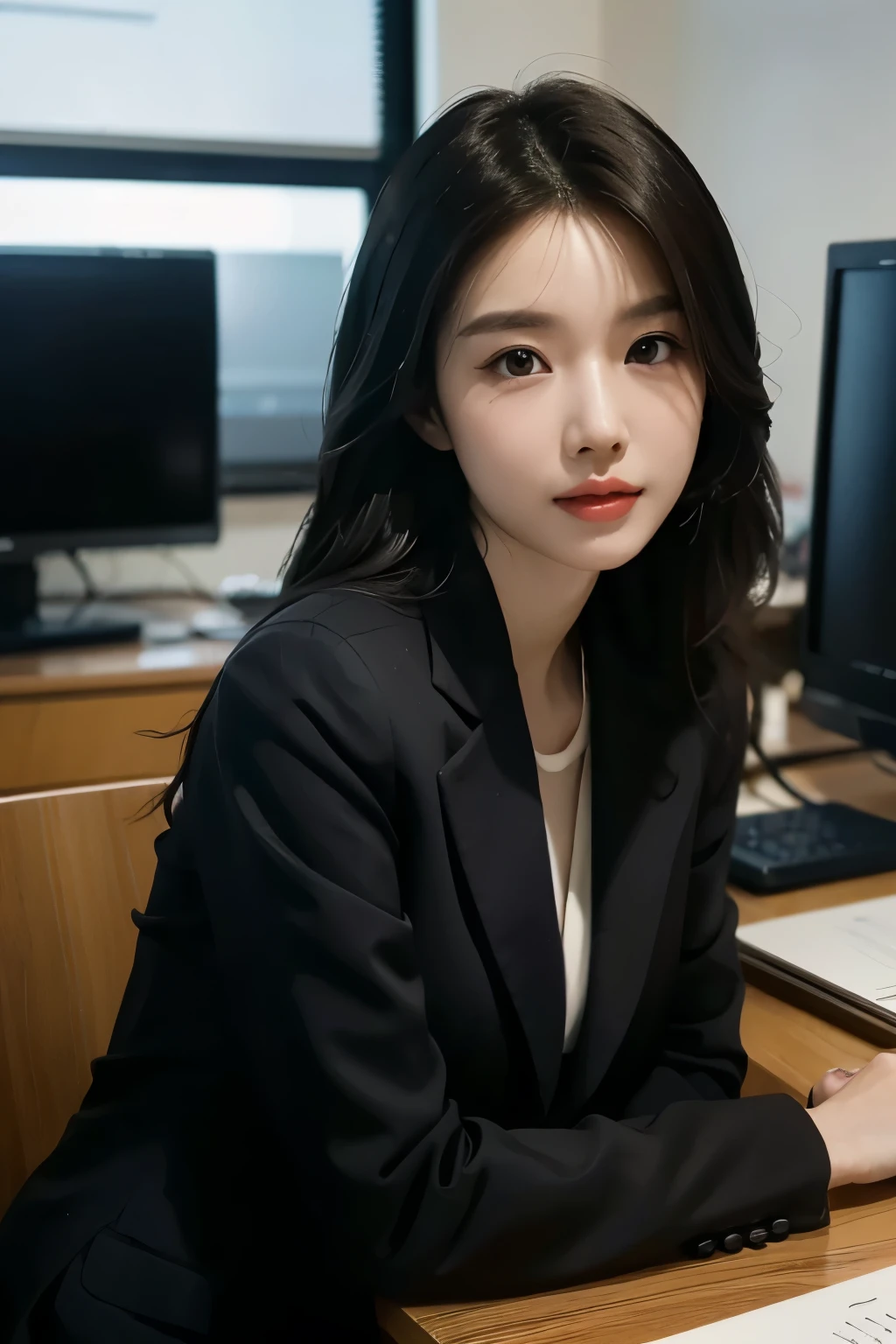 High-res, Realistic portrait of professional korean office lady with perfect skin, Professional suits, Show confidence and maturity, Surrounded by a modern corporate environment, Vibrant and naturally lit highlights. The artwork should emphasize her elegant facial features, Including charming long eyes, Fluttering eyelashes and seductive lips. The scene should be enhanced with elements of professionalism and visual appeal，For example, Stylish work desk, Mainframe computers, High-resolution display, and complex stationery. The overall tone should be warm and professional, Has a soft and natural color palette. The artwork should exude a sense of professionalism, Success, and cultural pride.