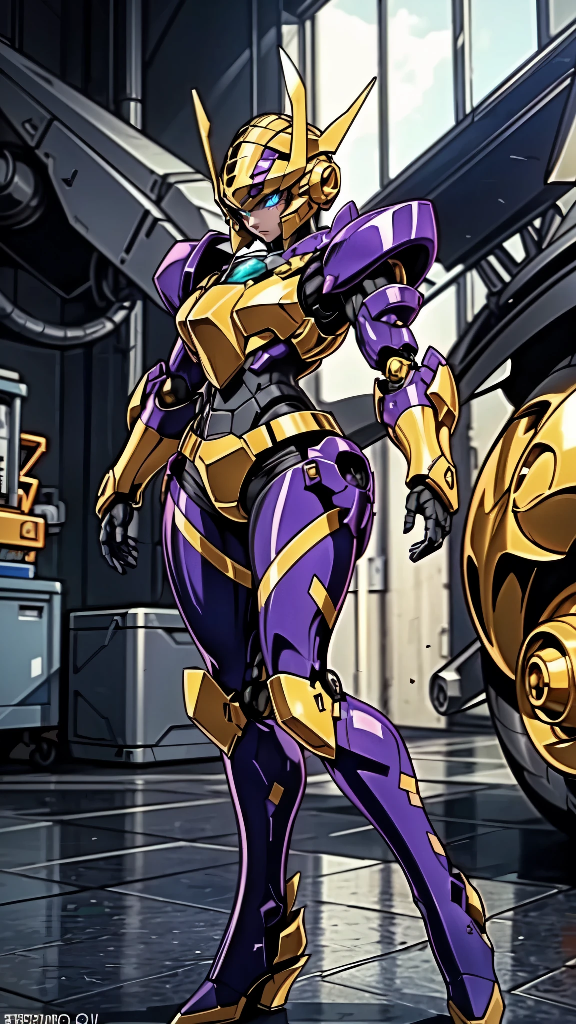 (masterpiece:1.5, best quality:1.5, extremely delicate:1.5), a woman wearing a full-face helmet, high-tech biomimetic armored combat suit, (a composite layered chest armor), the design balances heavy with agility, fully enclosed shoulder guards, matching arm and leg guards, a belt of gemstone, (the color scheme is primarily Purple with Blue and Yellow accents, Organic Biotech, Concept Inspired by queen bee, glowing eyes, armor glows), stand of a futuristic sci-fi city, this character embodies a finely crafted fantasy-style armored hero in anime style, exquisite and mature art style, metallic, high definition, highres, ultra-detailed, ultra-fine painting, professional, perfect body proportions, golden ratio, anatomically correct, symmetrical face, extremely detailed eyes and face, high quality eyes, creativity, RAW photo, UHD, 32k, Natural light, cinematic lighting, (masterpiece-anatomy-perfect:1.2)