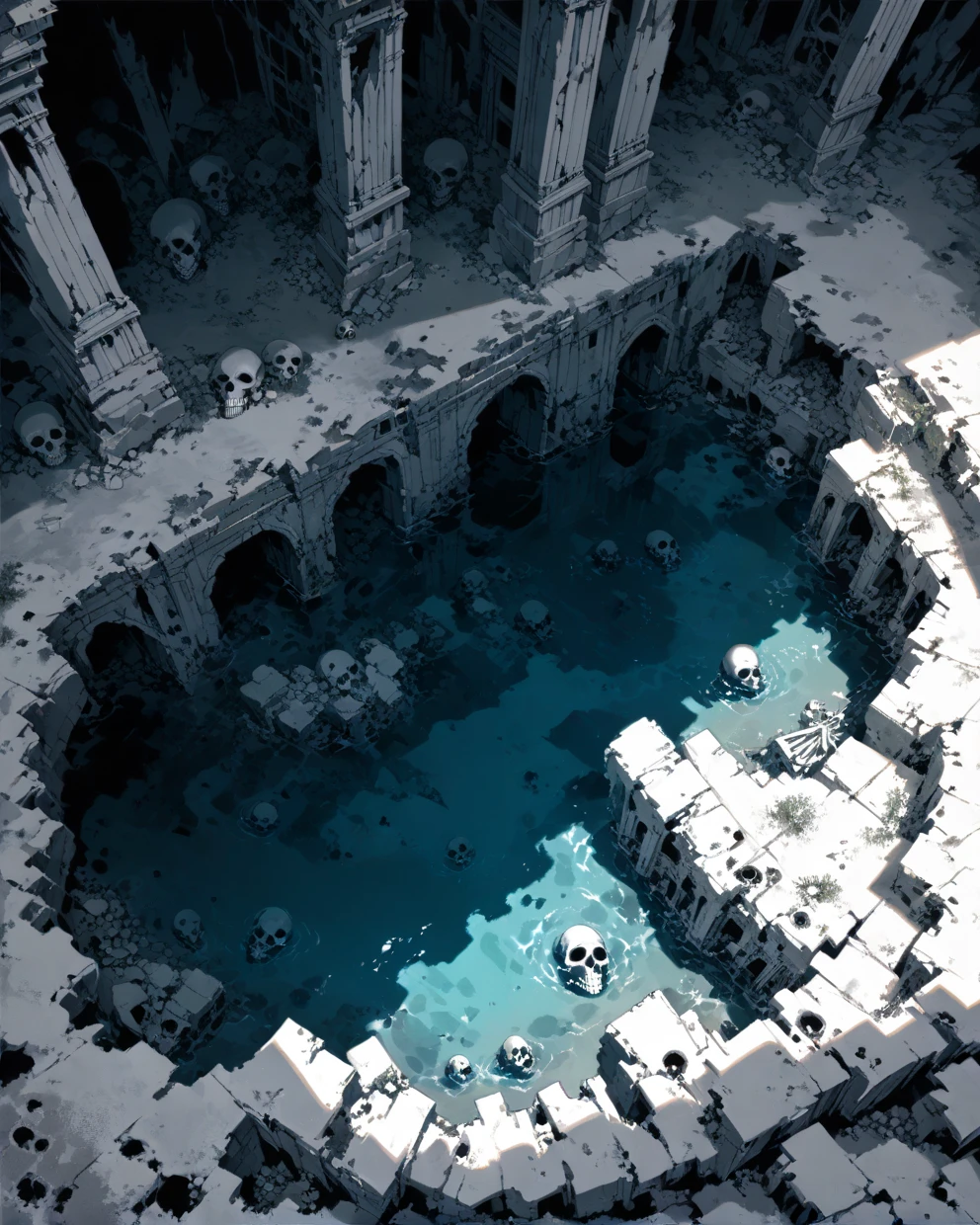 abandoned city in ruins, ruins, partially submerged in water, from above, cliffs, no human, scenery, skulls, skeletons everywhere, ancient buildings, after the apocalypse, bad weather, high contrast, long shadows,8k, intricate detail, film still