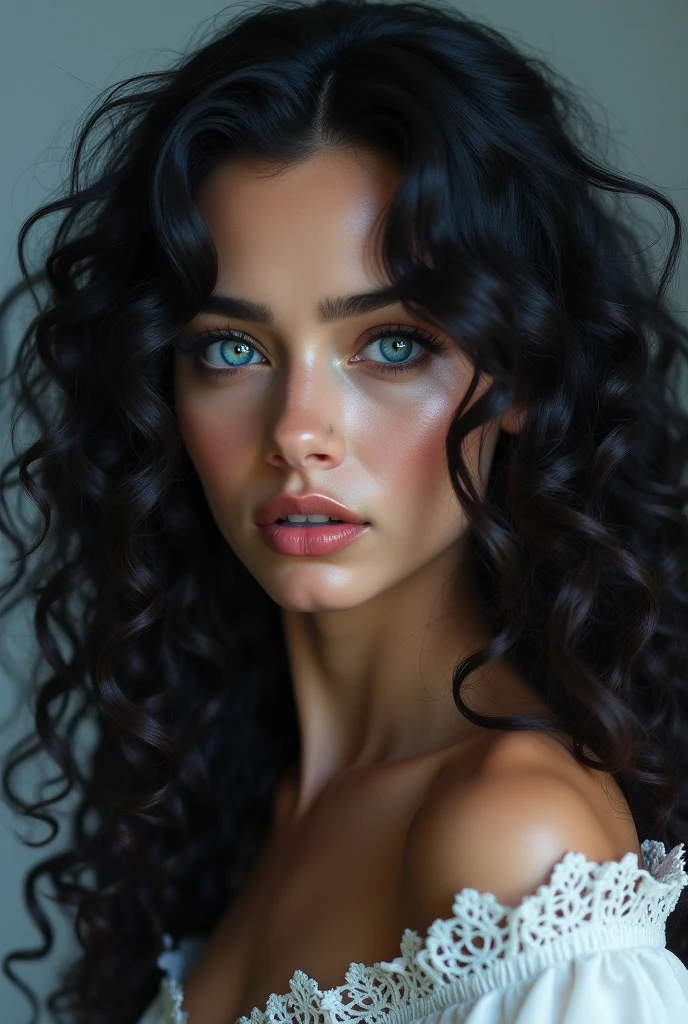 Girl with black curly hair, green emerald color, black dress 