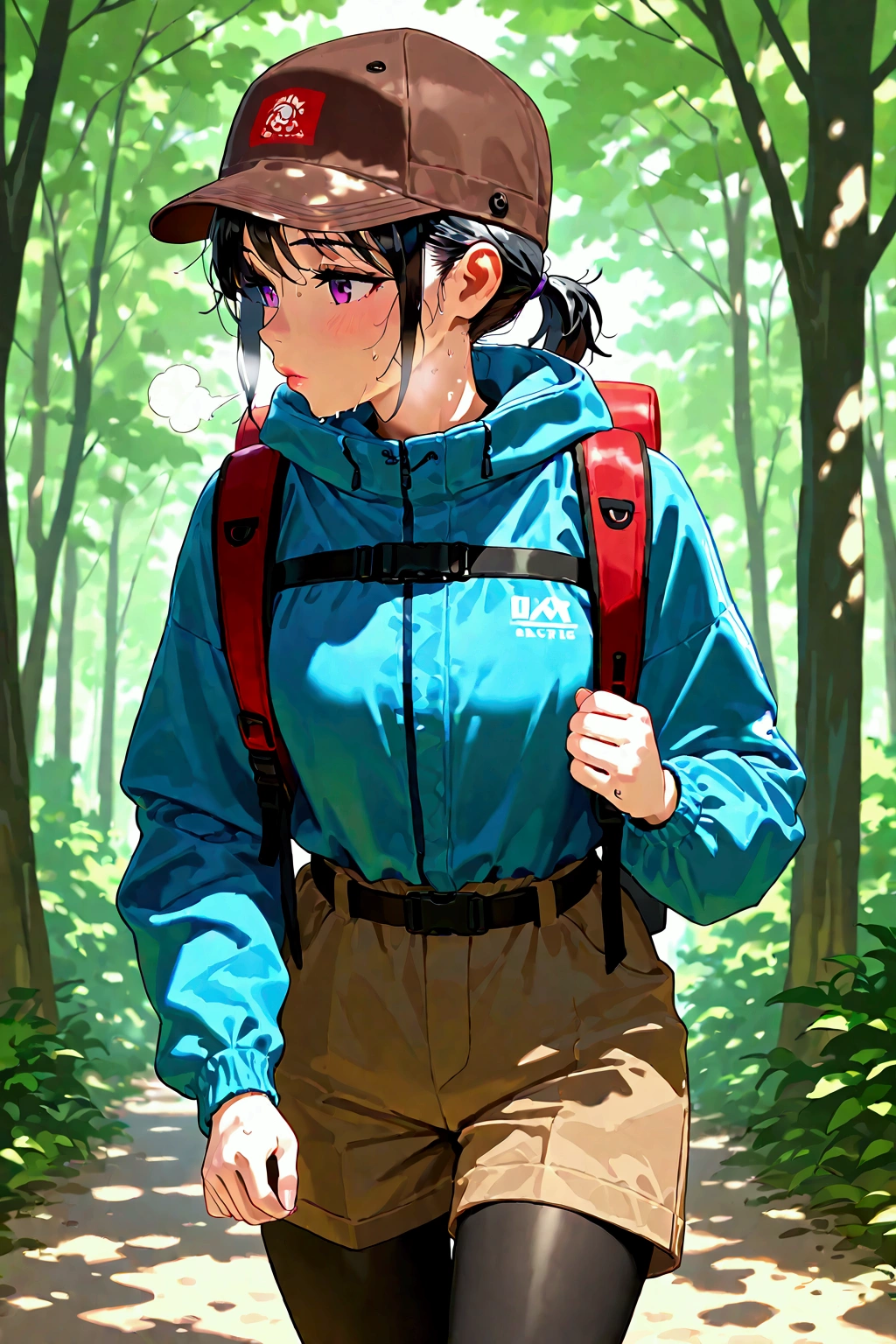 1girl, general, solo, black hair, short hair, ponytail, purple eyes, lips, blue windbreaker, hood, long sleeves, layred clothes, brown shorts, black pantyhose, trekking cap, brown cap, red trekking backpack, chest belt, waist belt, sweat, breath, trekking, summer, dappled sunlight, forest, trees, masterpiece, best quality, amazing quality, very aesthetic, absurdres