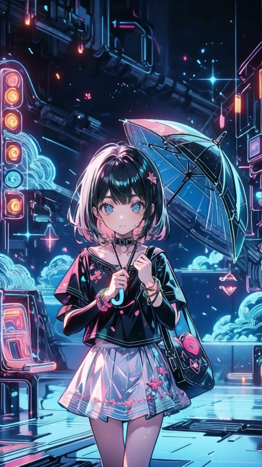 ,(  Masterpiece :1.2,  High Quality ), ( pixib:1.4),TIV ,
 1 girl, transparent, umbrella,  skirt, null, Alone, holding,  black hair, Outdoor, bag, cloud,  look at the viewers,  shirt,  short hair, holding umbrella, white  skirt, bangs, transparent umbrella, handrail, gem, Short sleeve,  closed mouth ,  blue eyes, teruterubouzu,  jacket, blue null, Blur, black  shirt,  standing, cloudy null, smile, clavicle, ,  depth of writing, day, Open the clothes,  bracelet , pink  jacket,  bridge ,  cowboy shooting 