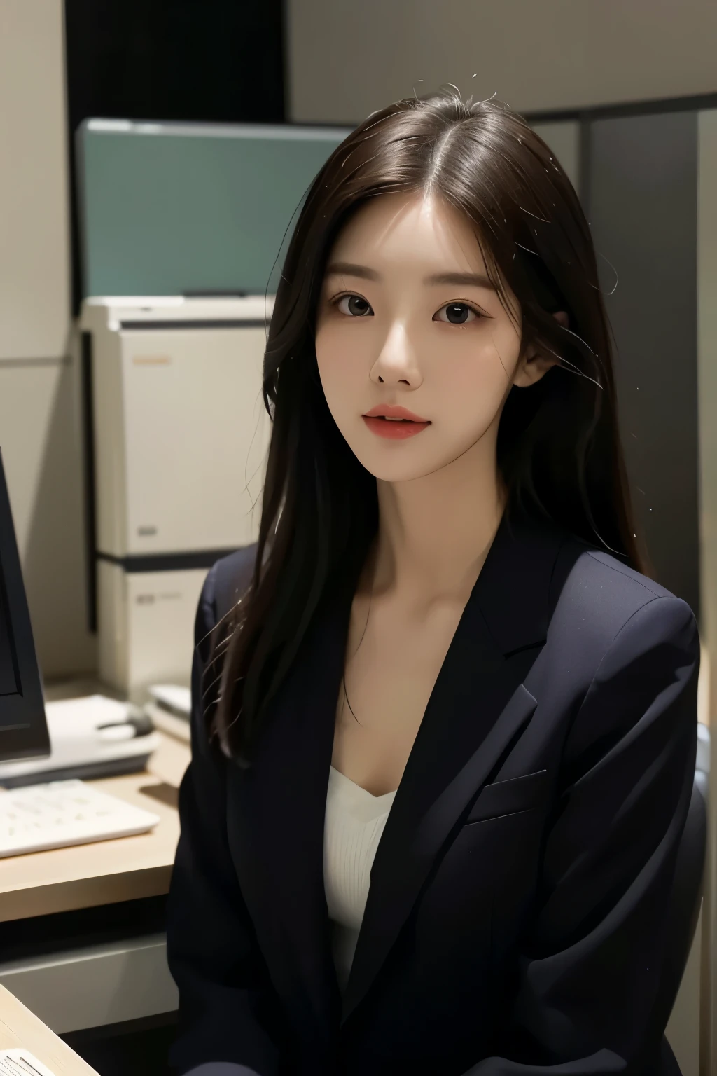 High-res, Realistic portrait of professional korean office lady with perfect skin，Professional suits，Women's suits，stand posture，The upper part of the body，Women in the workplace，Show confidence and maturity, Surrounded by a modern corporate environment, Vibrant and naturally lit highlights. The artwork should emphasize her elegant facial features, Including charming long eyes, Fluttering eyelashes and seductive lips. The scene should be enhanced with elements of professionalism and visual appeal，For example, Stylish work desk, Mainframe computers, High-resolution display, and complex stationery. The overall tone should be warm and professional, Has a soft and natural color palette. The artwork should exude a sense of professionalism, Success, and cultural pride，The background is blurred out