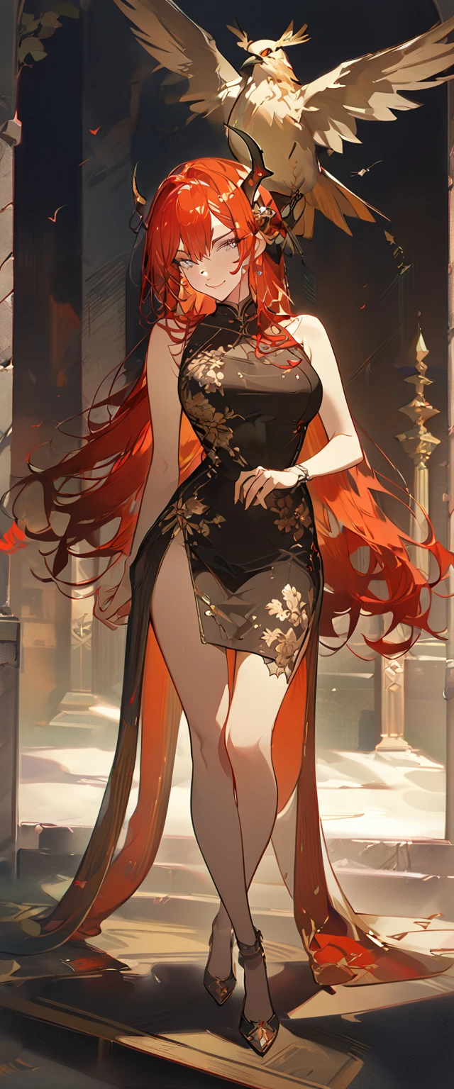 masterpiece, best quality, 8k ,4k , 1girl, teenage girl, dragon girl, red hair, gray eyes, big chest, big boobs, slender waist, small waist, small thigh, horn, hair ornament, finely detailed eyes and detailed face, looking at viewer, Black transparent sleeveless top, transparent embroidery skirt, skirt to the knee, majestic looks, smiling gently, Lace dress, patterned clothes, red scale scattered pattern clothes, meticulous clothes, revealing clothes, mature clothes, majestic looks, smiling gently, small bird, full body, artist : ask, art style : ask