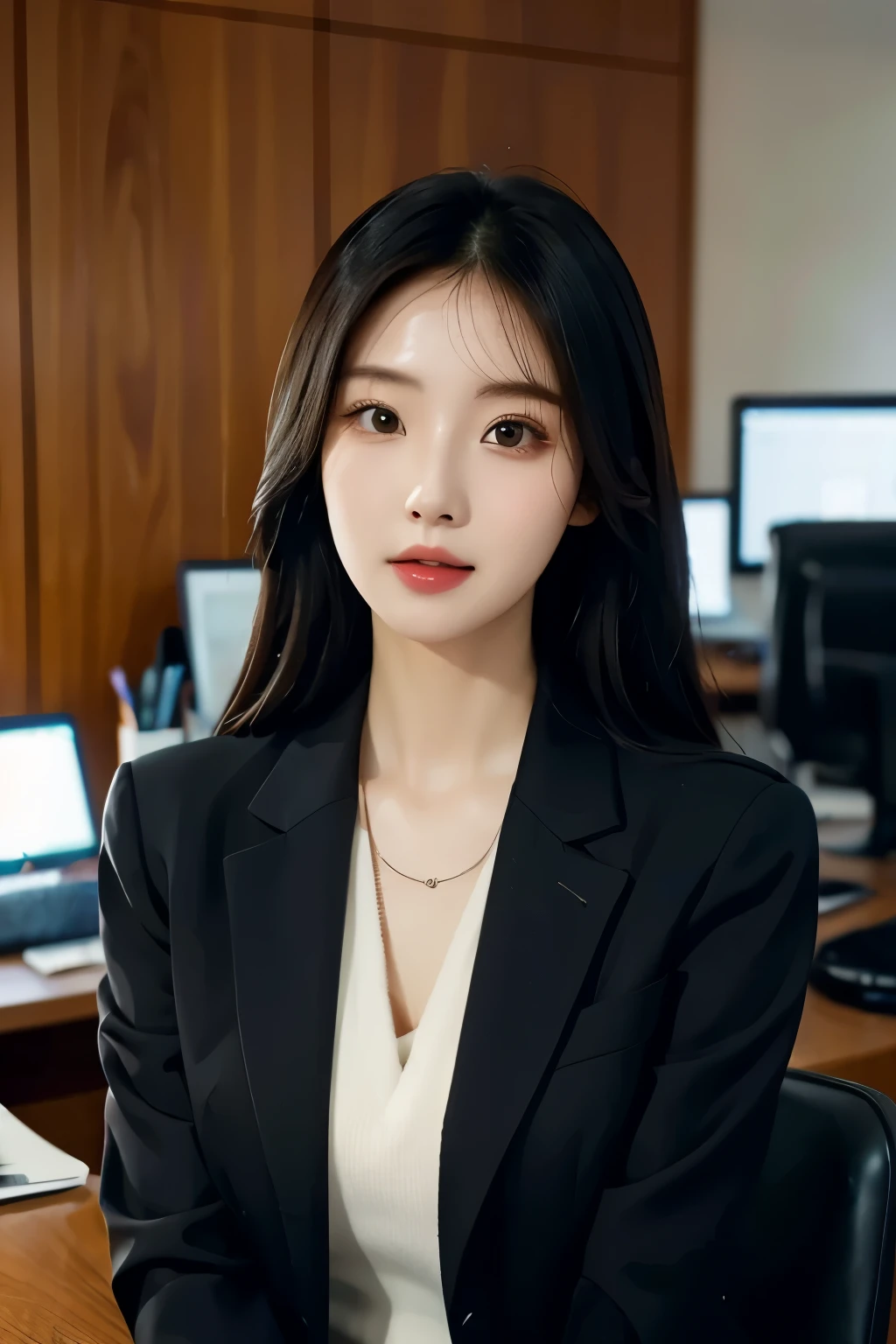 High-res, Realistic portrait of professional korean office lady with perfect skin, Professional suits, stand posture，The upper part of the body，Women in the workplace，Show confidence and maturity, Surrounded by a modern corporate environment, Vibrant and naturally lit highlights. The artwork should emphasize her elegant facial features, Including charming long eyes, Fluttering eyelashes and seductive lips. The scene should be enhanced with elements of professionalism and visual appeal，For example, Stylish work desk, Mainframe computers, High-resolution display, and complex stationery. The overall tone should be warm and professional, Has a soft and natural color palette. The artwork should exude a sense of professionalism, Success, and cultural pride，The background is blurred out