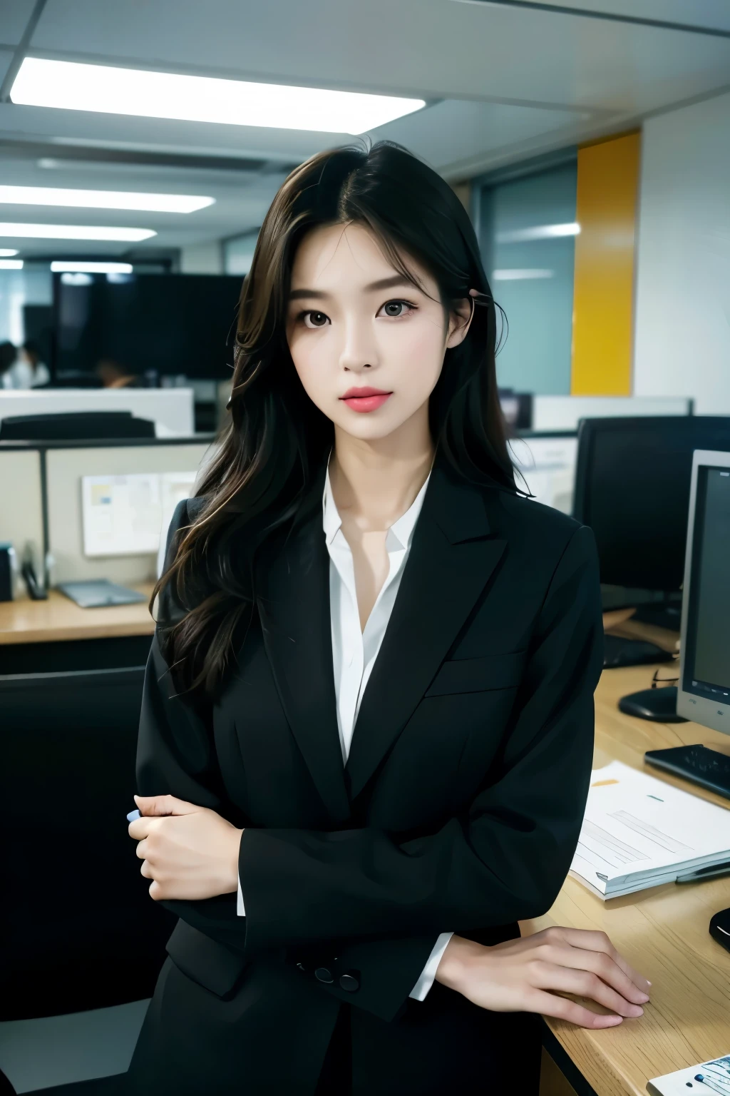 High-res, Realistic portrait of professional korean office lady with perfect skin, Professional suits, Show confidence and maturity, Surrounded by a modern corporate environment, Vibrant and naturally lit highlights. The artwork should emphasize her elegant facial features, Including charming long eyes, Fluttering eyelashes and seductive lips. The scene should be enhanced with elements of professionalism and visual appeal，For example, Stylish work desk, Mainframe computers, High-resolution display, and complex stationery. The overall tone should be warm and professional, Has a soft and natural color palette. The artwork should exude a sense of professionalism, Success, and cultural pride.