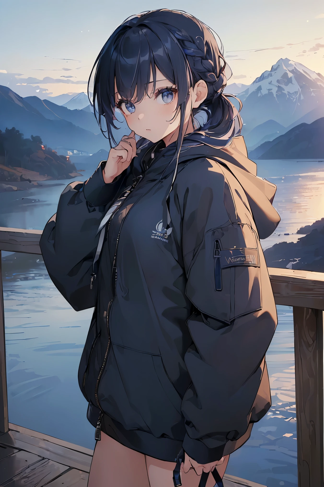 (((Best quality, 8k, Masterpiece: 1.3)), ((best quality)), ((masterpiece)), (detailed), perfect face, perfect body, (detailed skin:1.3), (intricate details), streaked hair, braided ponytail, navy blue mountain parka, outerwear, women's, fleece, hood, outdoor