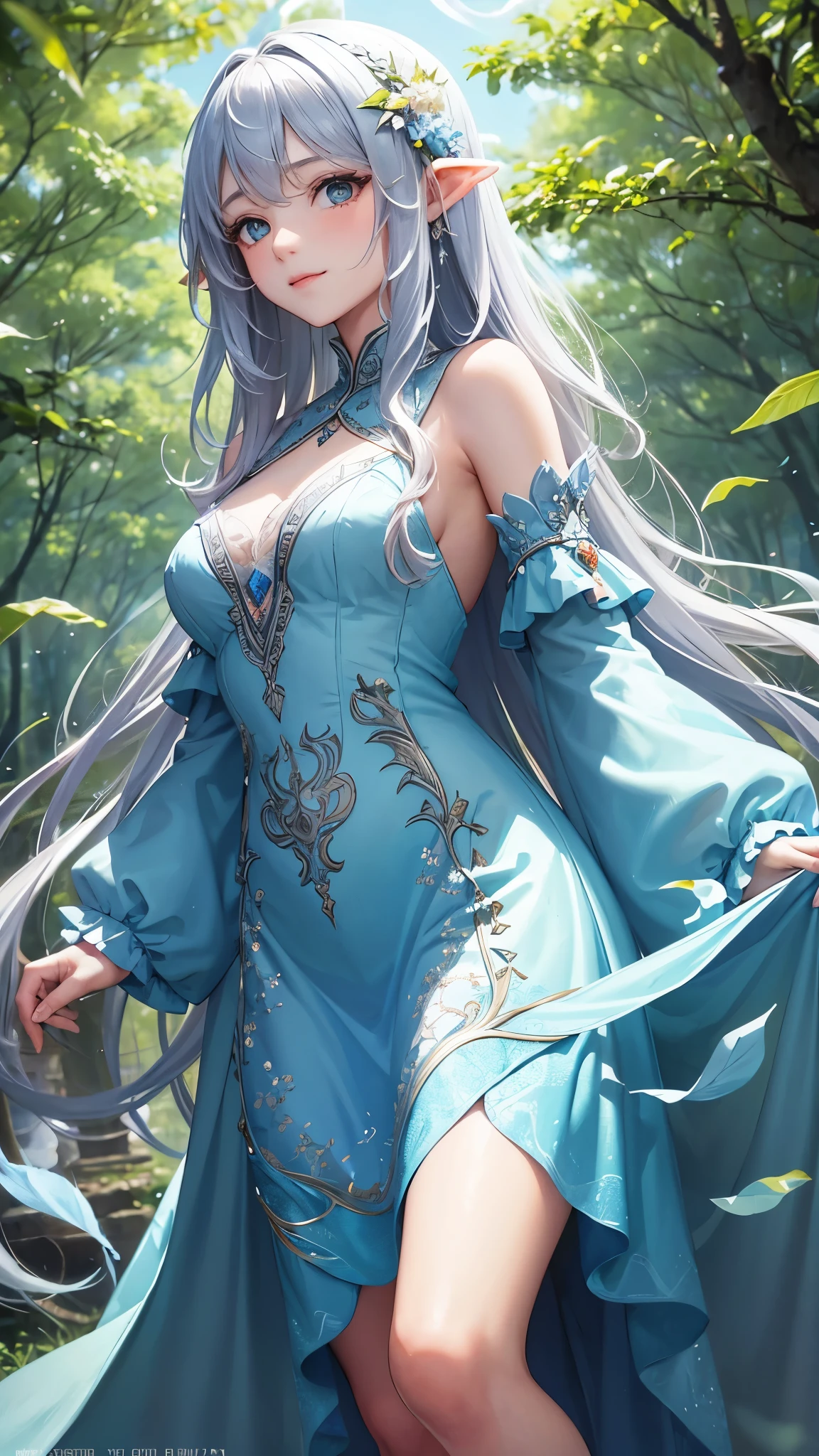 "Create a digital anime style illustration of a beautiful forest goddess。, Flowing white hair. She should wear a detailed all-over white dress decorated with leaf and floral patterns., Perfect for a fantasy theme. The dress design should not expose too much skin., Use additional fabric or natural elements such as leaves and vines to cover. Characters should have an elegant and mature appearance, Look Around 2, With expressive eyes and a calm expression, just raise the wide angle a little.. The background is rich, A mysterious forest woven with soft light and shining plants, Enhance the mystical atmosphere."