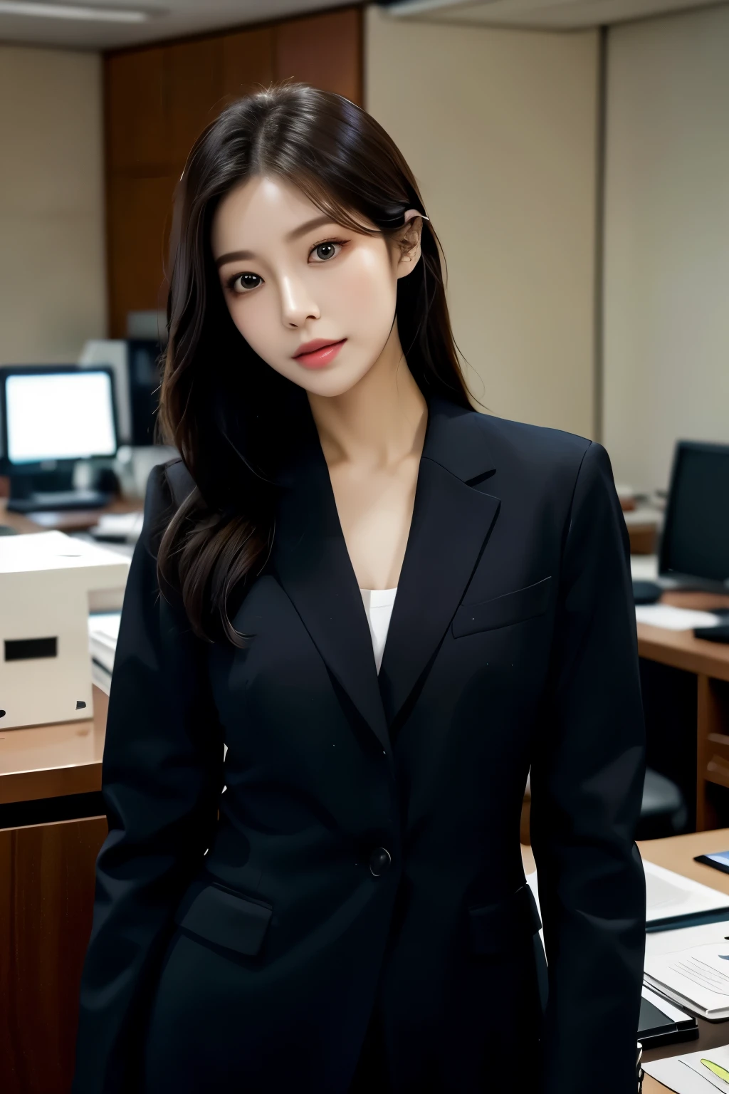 High-res, Realistic portrait of professional korean office lady with perfect skin，Professional suits，Women's suits，stand posture，The upper part of the body，Women in the workplace，Show confidence and maturity, Surrounded by a modern corporate environment, Vibrant and naturally lit highlights. The artwork should emphasize her elegant facial features, Including charming long eyes, Fluttering eyelashes and seductive lips. The scene should be enhanced with elements of professionalism and visual appeal，For example, Stylish work desk, Mainframe computers, High-resolution display, and complex stationery. The overall tone should be warm and professional, Has a soft and natural color palette. The artwork should exude a sense of professionalism, Success, and cultural pride，The background is blurred out