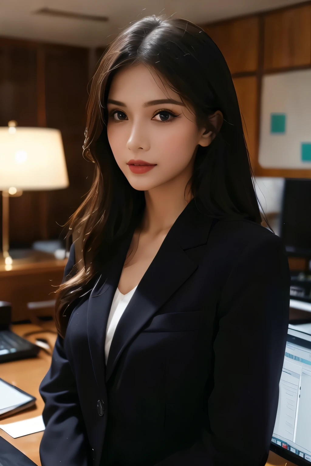 High-res, Realistic portrait of professional indian office lady with perfect skin，Professional suits，Women's suits，stand posture，The upper part of the body，Women in the workplace，Show confidence and maturity, Surrounded by a modern corporate environment, Vibrant and naturally lit highlights. The artwork should emphasize her elegant facial features, Including charming long eyes, Fluttering eyelashes and seductive lips. The scene should be enhanced with elements of professionalism and visual appeal，For example, Stylish work desk, Mainframe computers, High-resolution display, and complex stationery. The overall tone should be warm and professional, Has a soft and natural color palette. The artwork should exude a sense of professionalism, Success, and cultural pride，The background is blurred out