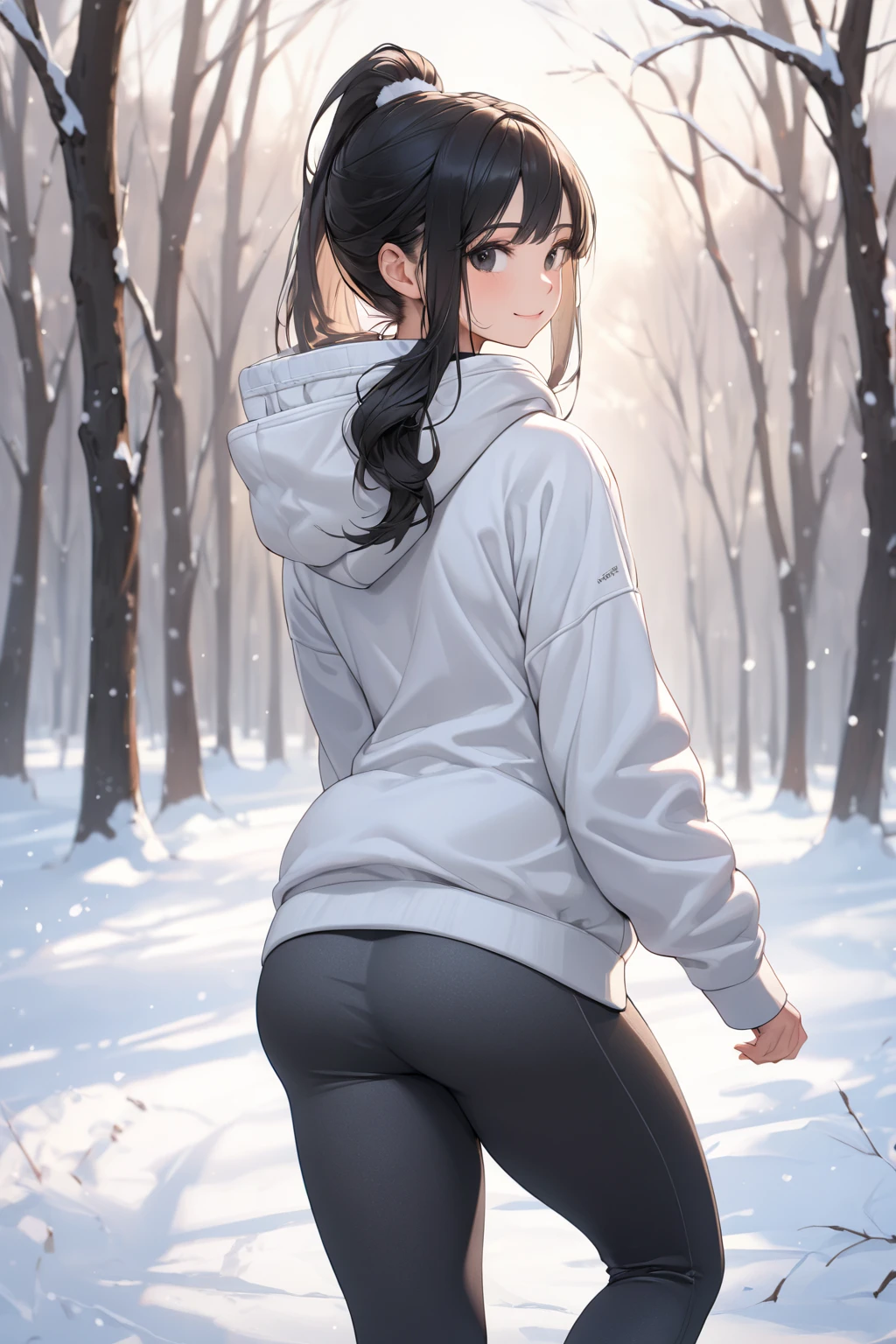 realistic photo of young woman, best quality, masterpiece, wearing leggings and a crop top hoodie, ((big cameltoe)), thigh gap, in a snowy forest, slim, petite, detailed facial features, detailed, symmetry, cinematic lighting, nude