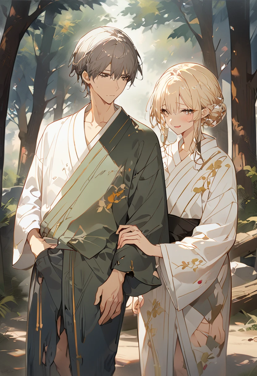 masterpiece, best quality, 8k ,4k, 2 boys, elf boys, long ears elf, twin elf, (one boy dark grayish hair with dark greenish eyes, torn and worn out clothes, yukata like clothes, thin body), (one boy light blond hair with dark bluish eyes, clean and neat clothes, yukata like clothes), simple short yukata, stand side by side, holding hand, woods background, inspired by Asukaziye artist : ask, art style : ask