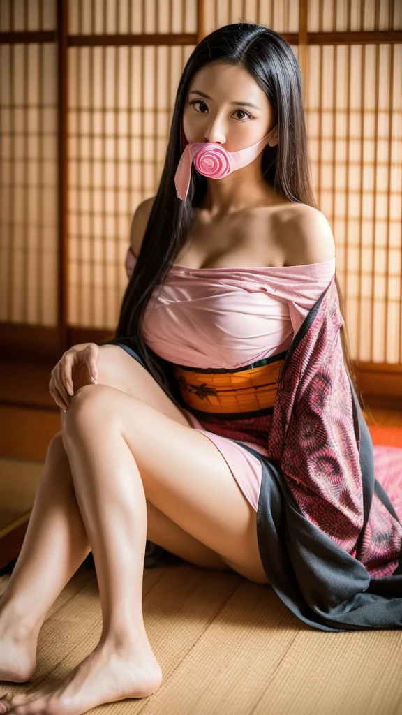 Full body, realistic Photography, busty, beautiful Japanese sexy girl, big breast , Cosplay Nezuko from Demon Slayer Kimetsu no Yaiba dressed in a open traditional Japanese-inspired outfit with a pink and black patterned kimono and long flowing hair, transitioning from black to orange. Off shoulder, deep v neck, She is sitting with seductive pose in a tatami-style room with soft ambient lighting, a round window framing a simple decor of a hanging scroll and a vase with branches. Sensual face expresion with a green bamboo gag tied around her mouth, her legs are visible, sexy pose, playboy Shot