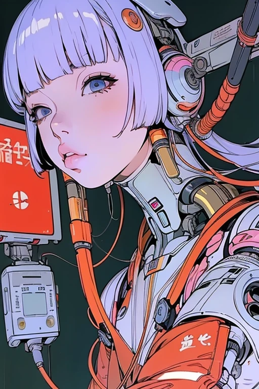 masterpiece, best quality, extremely detailed,portrait,front view,Japaese android girl,Plump,pastel color uniform, control panels,android,Droid,Mechanical Hand, Robot arms and legs,Blunt bangs,long tube,thick cable connected her neck