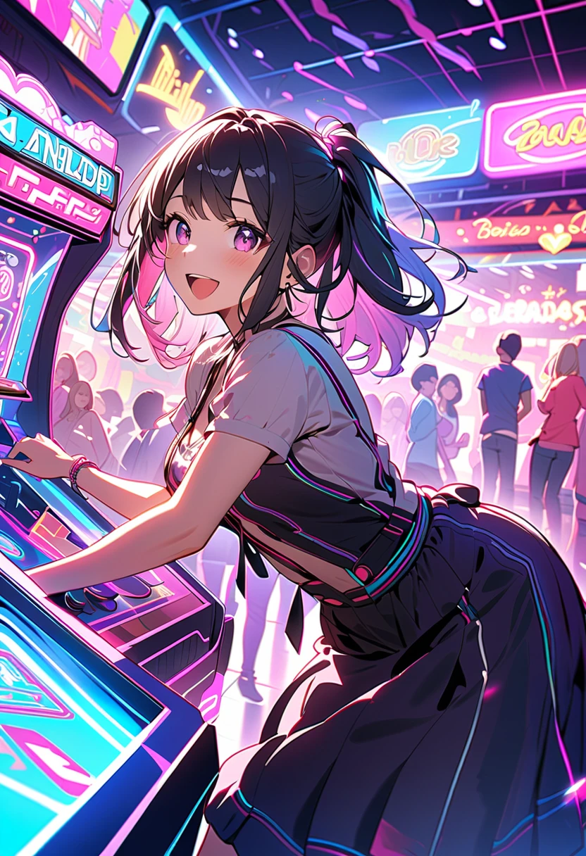 Fashionable glasses、back view, Backwards、Butt、back、back of head、Hips、Hair back、Calf、Very Very Mini Skirt、Cute patterned panties、Chibi T-shirt、Panty shot、arcade、game machine、Game bench、UFO Catcher、Purikura、Date、forehead、Girl、Girl、Short、Younger、Lower school year、Baby Face、flat chest、Angry face、Dynamic Angle、masterpiece、best quality、ultra-detail、There are customers around、I'm making a mess、Clothing
