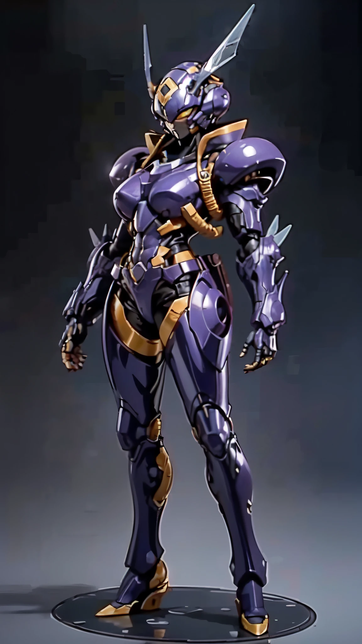 (masterpiece:1.5, best quality:1.5, extremely delicate:1.5), a woman wearing a full-face helmet, high-tech biomimetic armored combat suit, (a composite layered chest armor), the design balances heavy with agility, fully enclosed shoulder guards, matching arm and leg guards, a belt of gemstone, (the color scheme is primarily Purple with Blue and Yellow accents, Organic Biotech, Concept Inspired by queen bee, glowing eyes, armor glows), stand of a futuristic sci-fi city, this character embodies a finely crafted fantasy-style armored hero in anime style, exquisite and mature art style, metallic, high definition, highres, ultra-detailed, ultra-fine painting, professional, perfect body proportions, golden ratio, anatomically correct, symmetrical face, extremely detailed eyes and face, high quality eyes, creativity, RAW photo, UHD, 32k, Natural light, cinematic lighting, (masterpiece-anatomy-perfect:1.2)