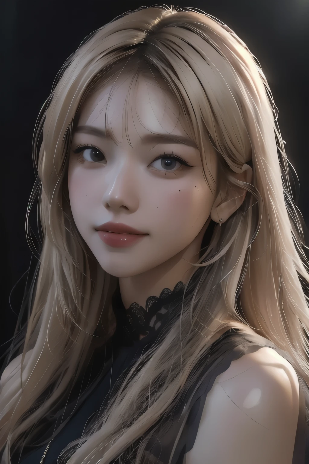 (RAW photo, best quality),(realistic, photorealistic:1.4), extremely delicate and beautiful, Amazing, finely detail, masterpiece, ultra-detailed, highres,best illustration, best shadow,intricate,depth of field,(closeup portrait of a young beautiful woman:1.2),long hair,low key,dark scene,dimly lit,(grin:1.3),(cinematic angle),sharp focus, volumetric fog, (looking at viewer), (face closeup), makeup, mole under lips,straight platinum (blonde hair:1.3)