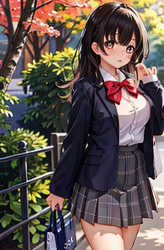 Ogiwara-san is sad,  1 girl, Alone,  school uniform,  Long Sleeve , Skirt Grey, , ( absurd), ( high definition ),  look at the viewers, Walking in the park, ( Highly Detailed CG Unity 8K Wallpaper ,  Masterpiece ,  best quality, ultra-detailed),  nudes, big breasts、 black hair long hair, big breasts、