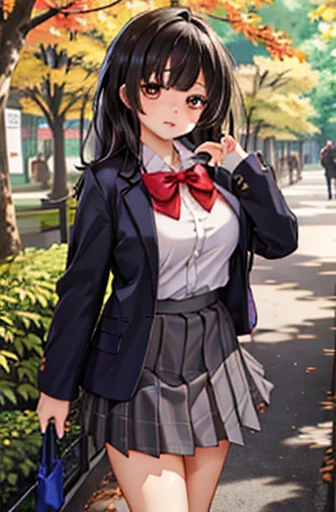 Ogiwara-san is sad,  1 girl, Alone,  school uniform,  Long Sleeve , Skirt Grey, , ( absurd), ( high definition ),  look at the viewers, Walking in the park, ( Highly Detailed CG Unity 8K Wallpaper ,  Masterpiece ,  best quality, ultra-detailed),  nudes, big breasts、 black hair long hair, big breasts、