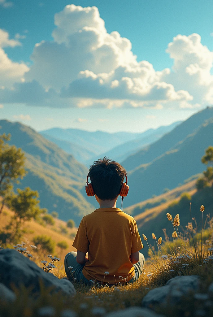 small child with headphone stand on mountain use sunset in white shirt boy