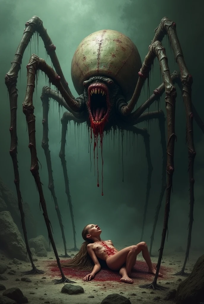 a spider girl looms over a man caught in her web.the girl is an arachne, drider, or arachnid taur. she has a human head, arms and body attached to the front of the body and legs of a giant black spider. her human section  has long white hair, pale white skin, and small red circular facial masks in a regular pattern. the white of her skin is unnaturally pale, as if wearing white body paint all over. her fangs are visible as she grins cruelly at her prey. she is topless, showing well formed, moderate sized breasts and fair abs,

the man is trapped in her web, hanging upside down in a cocoon of spider silk. think bands of spider silk bind his legs together. his arms are trapped behind his back, and another band of spider silk wraps over his mouth, gagging him. his eyes open wide in terror.