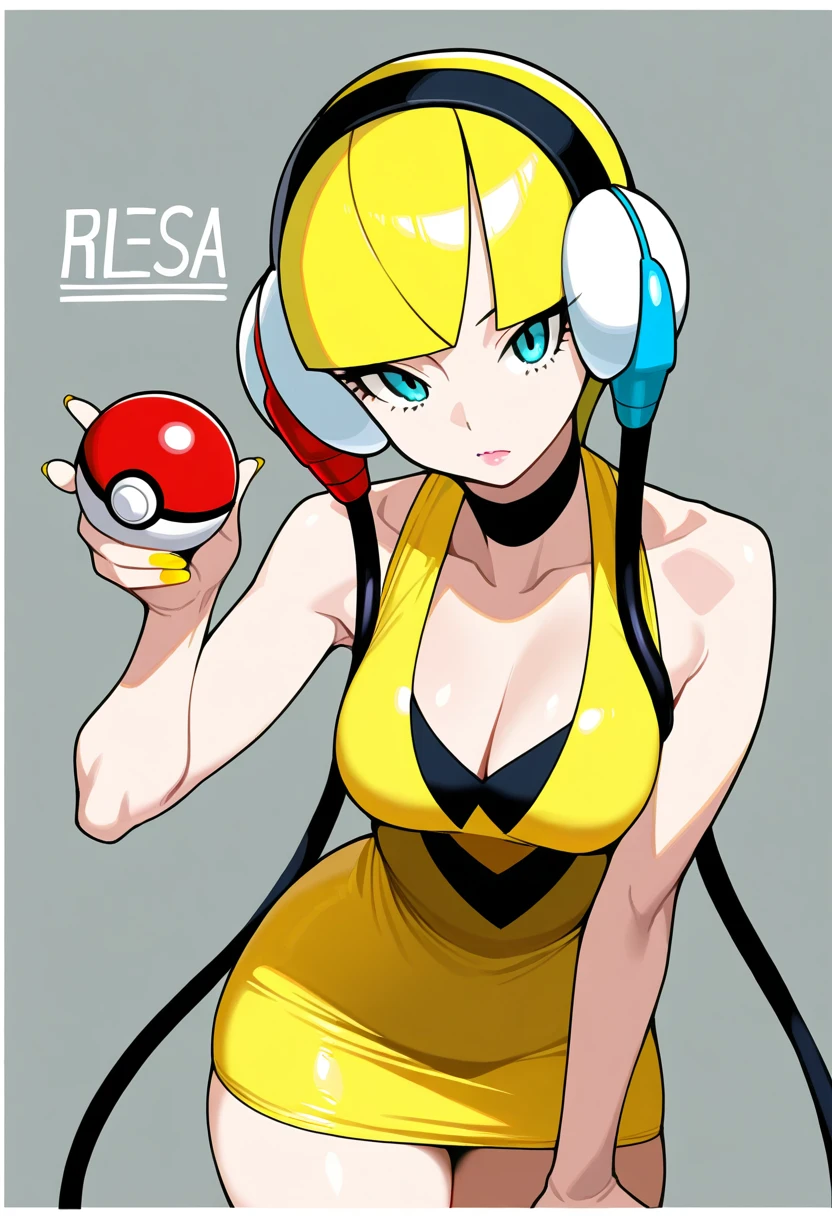 1girl, blonde hair, headphones, blunt bangs, breasts, cleavage, short hair, blue eyes, collarbone, bare shoulders, eyelashes, armpits, aqua eyes, hand on own thigh, medium breasts, choker, yellow dress, sleeveless, dress, short dress, sleeveless dress, looking at viewer, head tilt, poke ball, solo, holding, bare arms, pokemon, upper body, grey background, simple background, white background, character name, elesa (pokemon), black choker, yellow nails, holding poke ball, nail polish, white border, hand up, closed mouth, pink lips, sfw, masterpiece, best quality, very aesthetic, absurdres