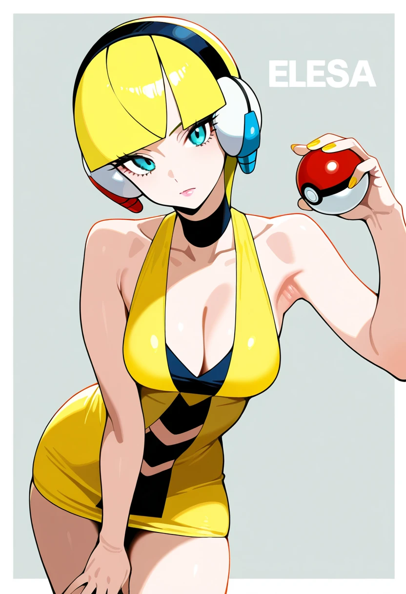 1girl, blonde hair, headphones, blunt bangs, breasts, cleavage, short hair, blue eyes, collarbone, bare shoulders, eyelashes, armpits, aqua eyes, hand on own thigh, medium breasts, choker, yellow dress, sleeveless, dress, short dress, sleeveless dress, looking at viewer, head tilt, poke ball, solo, holding, bare arms, pokemon, upper body, grey background, simple background, white background, character name, elesa (pokemon), black choker, yellow nails, holding poke ball, nail polish, white border, hand up, closed mouth, pink lips, sfw, masterpiece, best quality, very aesthetic, absurdres