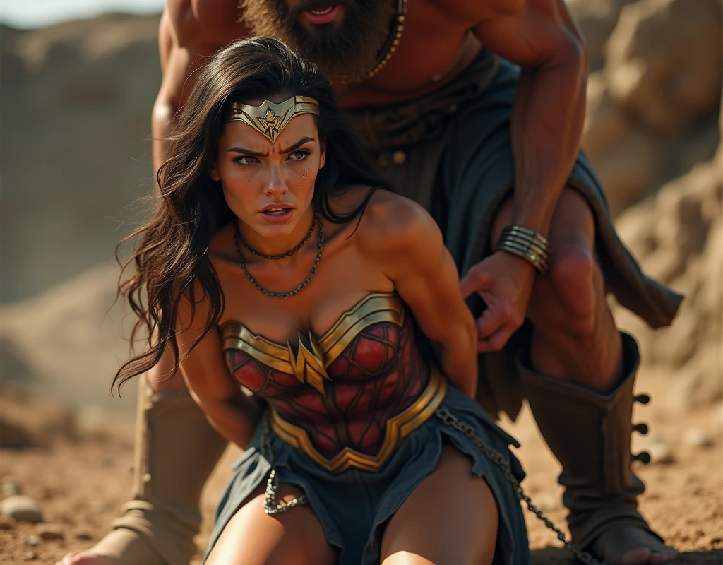 Wonder Woman (struggling), (handcuff:1.1), leg tied, tied by thugs, (crowded), (mans in background try to tied her:1.2), tied, bound, (Wonder Woman with skirt:1.3), (Restrained:1.5), BDSM, (two man tied her up:1.2), (bird view angle) , (dress up) , unnaked, (ropes all over body), (eyes up), (painful), (terrify:1.1), (angry eyebrow), (in the cave:1.1)